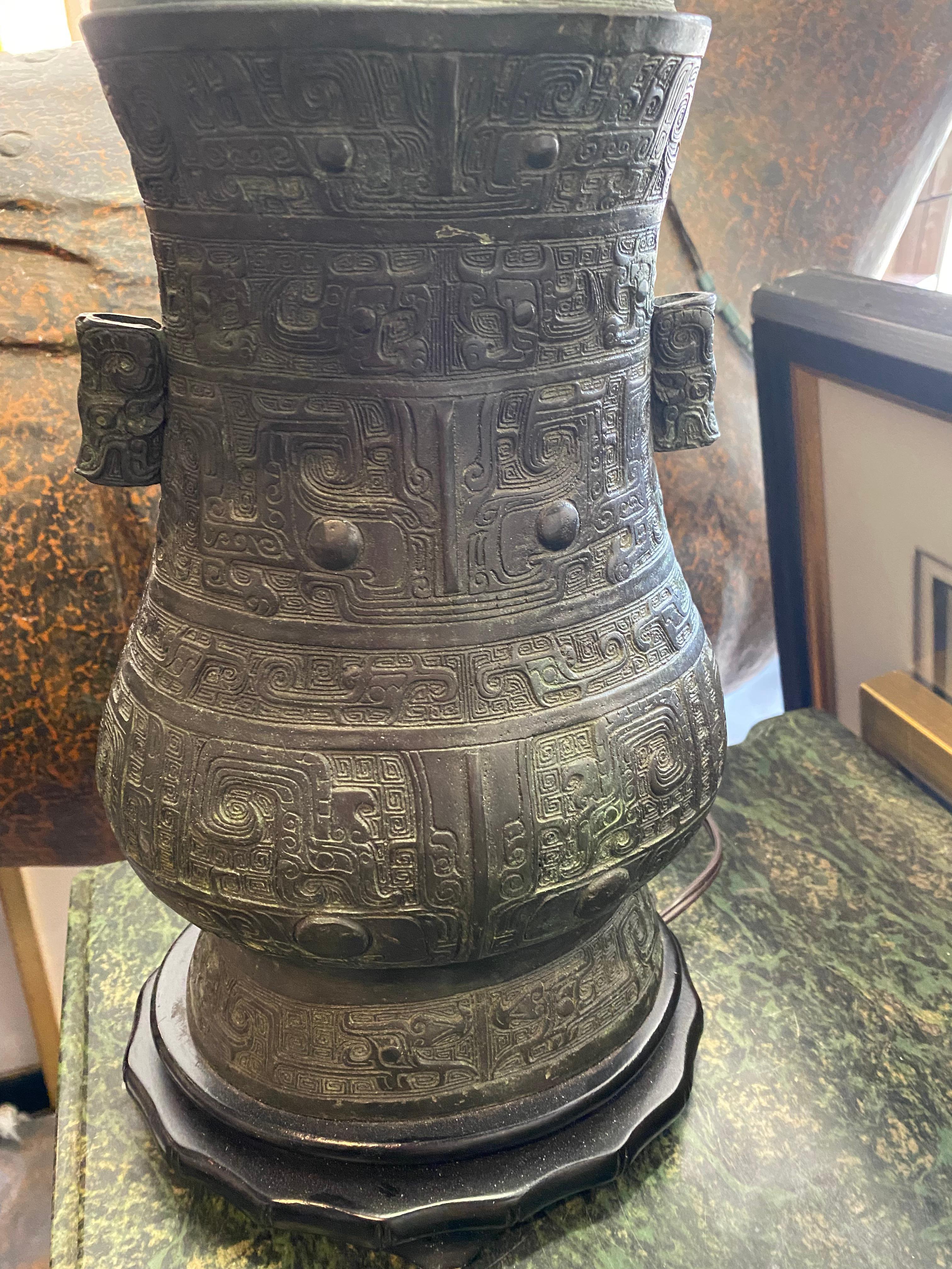 Hand-Crafted Chinese Bronze Lamp with Silk Shade For Sale
