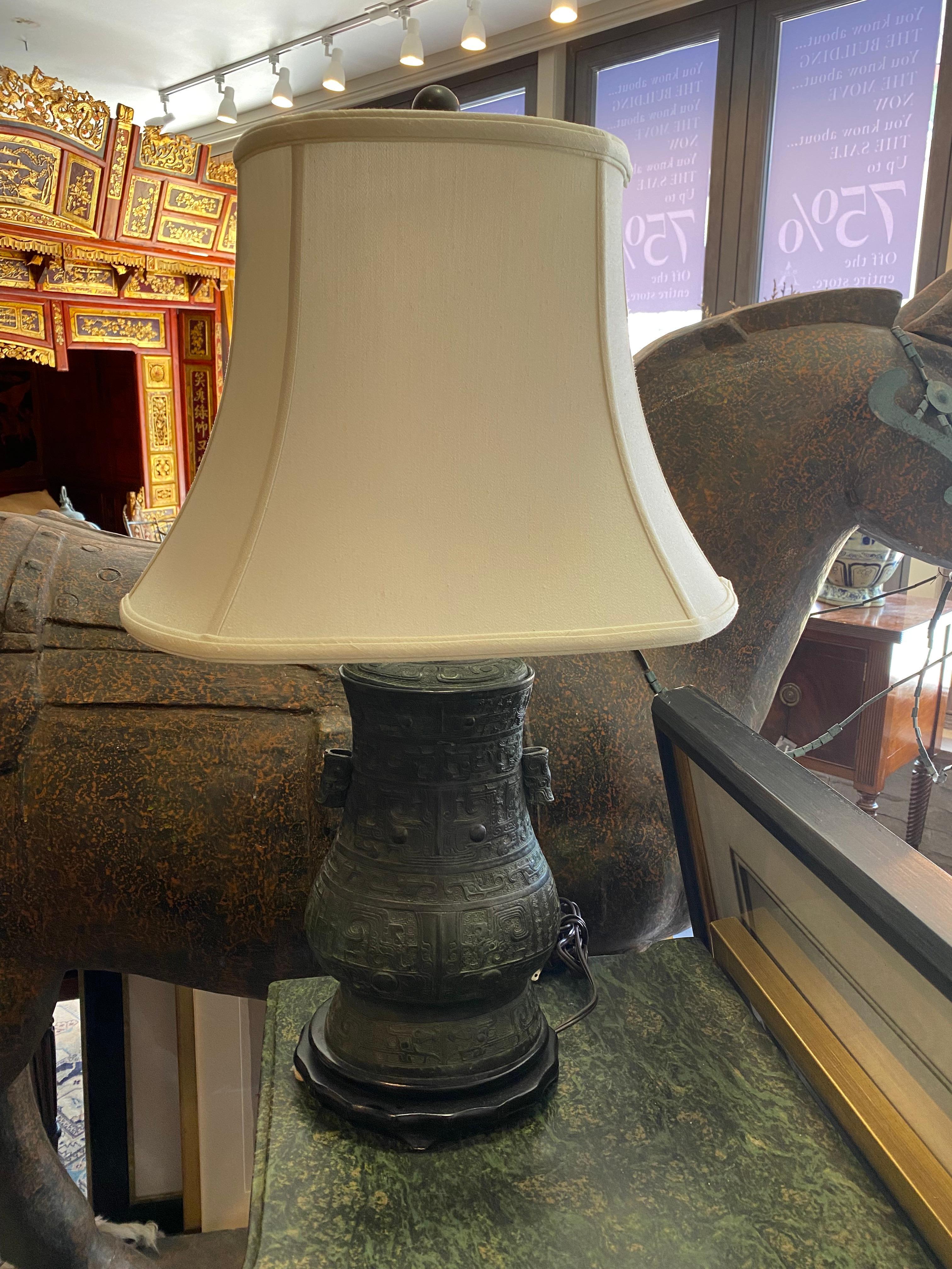 Chinese Bronze Lamp with Silk Shade In Good Condition For Sale In Sarasota, FL