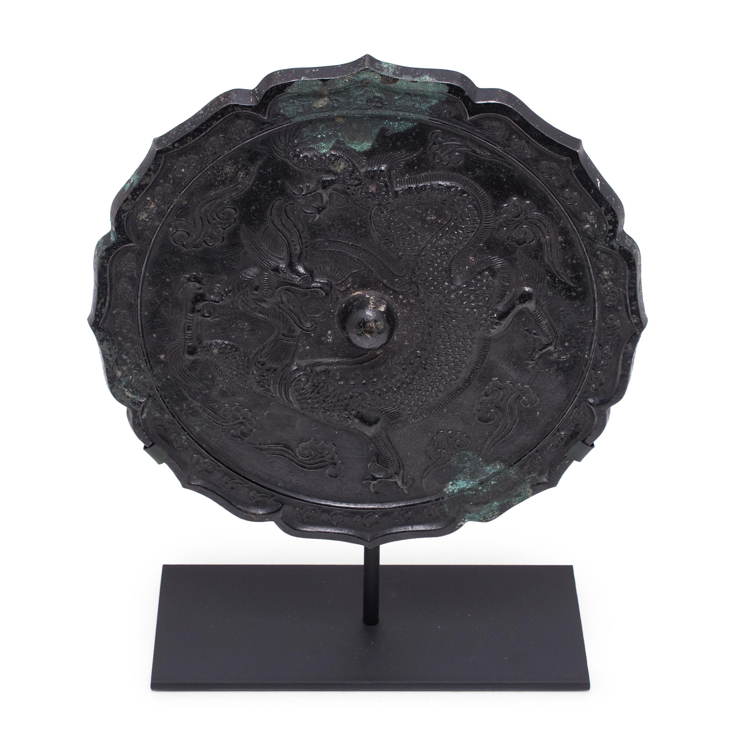 Tang Chinese Bronze Mirror with Cast Relief Dragon, c. 1700