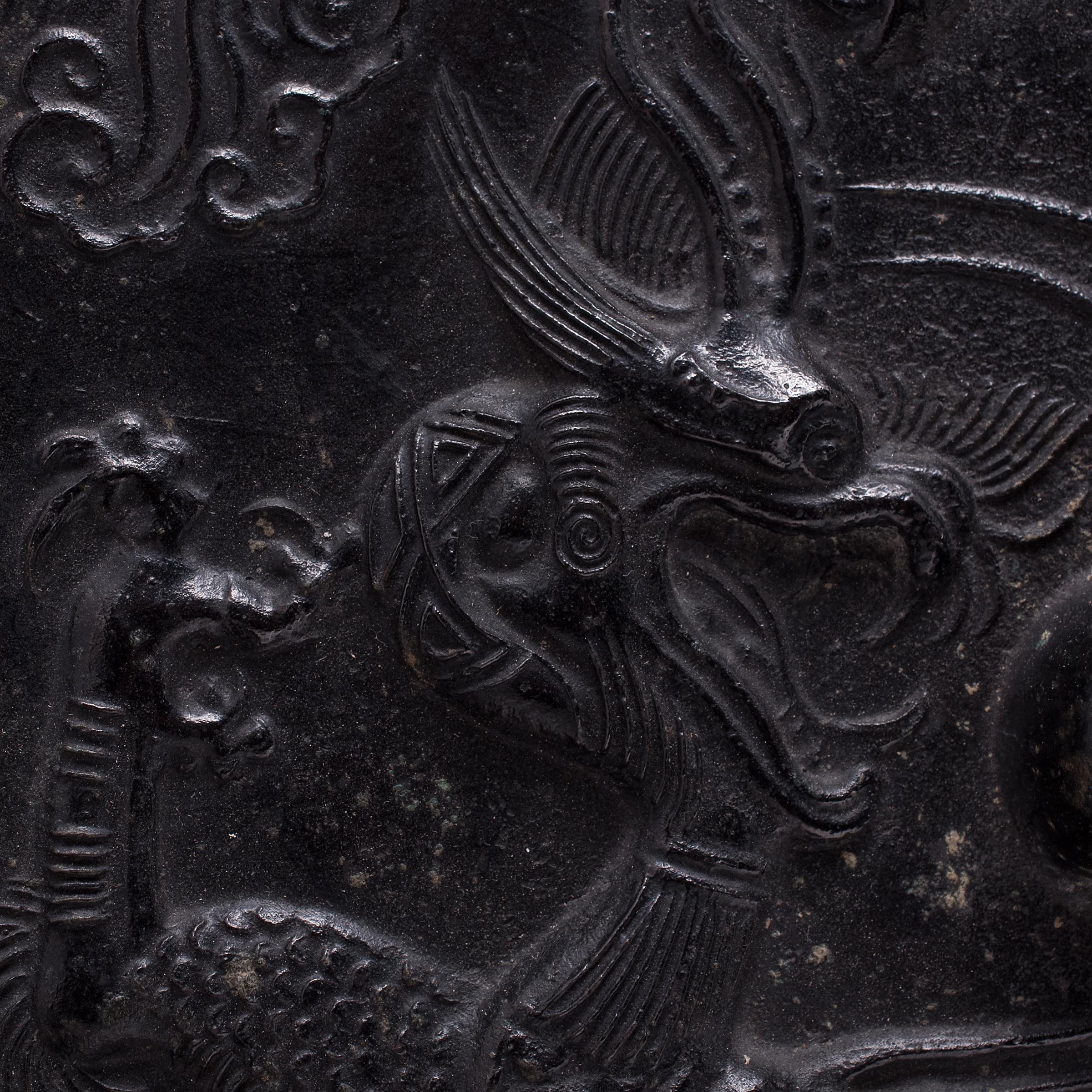 Chinese Bronze Mirror with Cast Relief Dragon, Late 19th Century In Good Condition For Sale In Chicago, IL