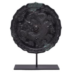 Antique Chinese Bronze Mirror with Cast Relief Dragon, Late 19th Century 