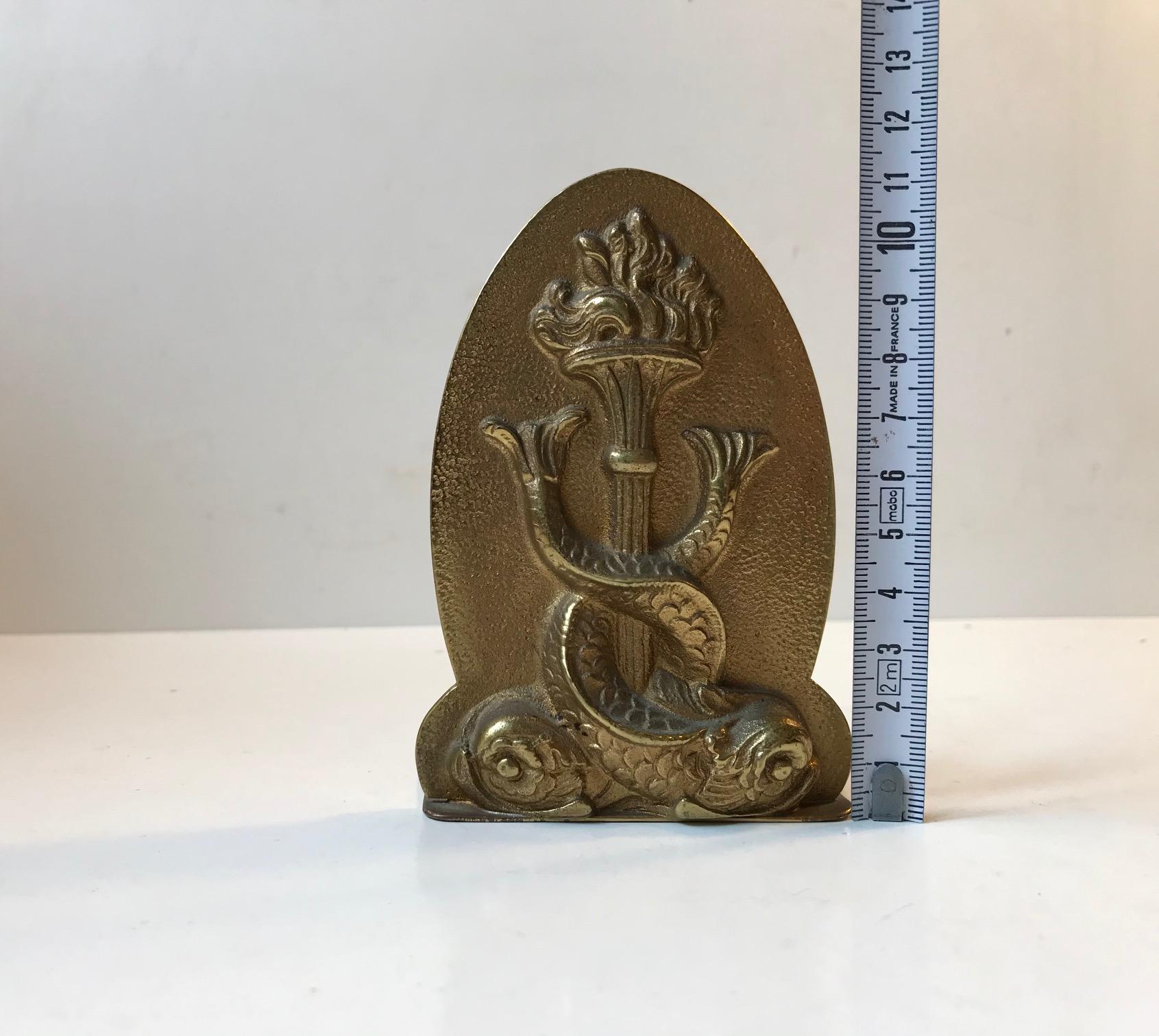 Chinese Bronze Monogram Bookend with Dolphins, 1930s In Good Condition In Esbjerg, DK