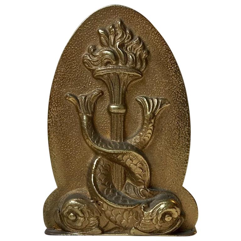 Chinese Bronze Monogram Bookend with Dolphins, 1930s