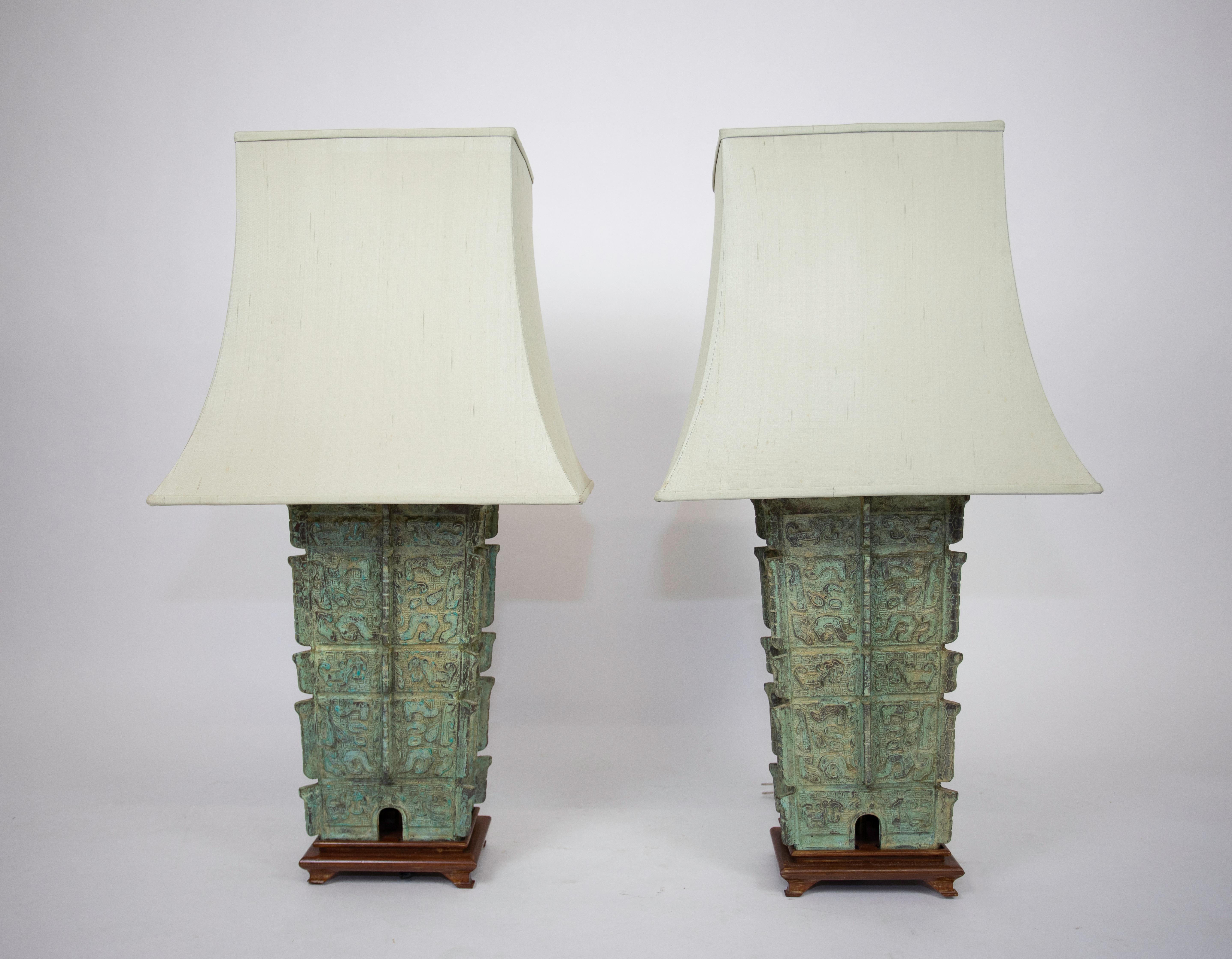 Chinese Bronze Pagoda Lamps In Good Condition For Sale In West Palm Beach, FL