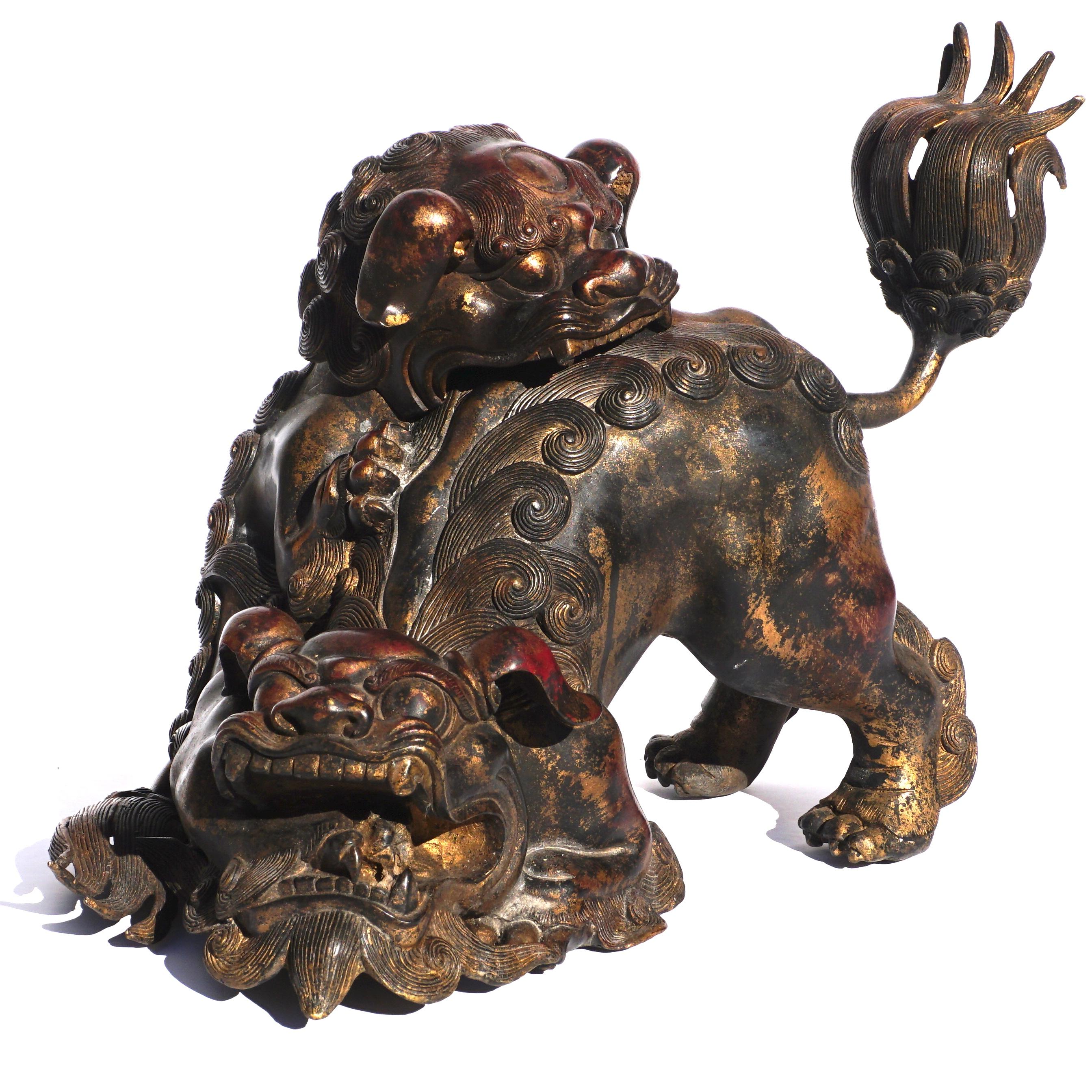 Cast Chinese Bronze Qing Foo Dogs Incense Burner