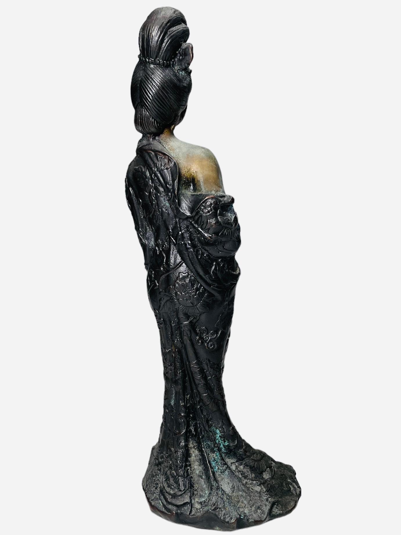 Repoussé Chinese Bronze Sculpture Of A Lady For Sale