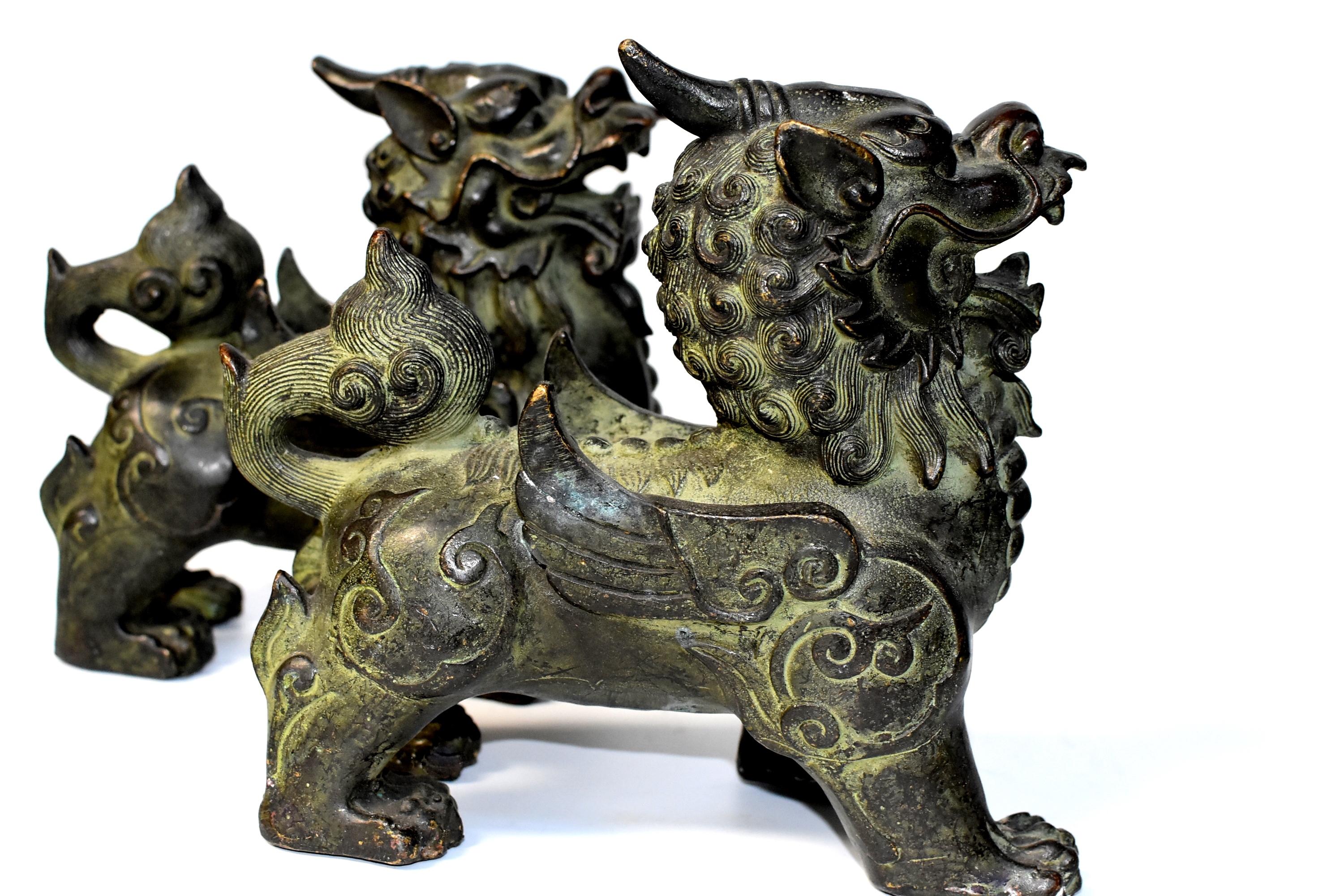 Chinese Bronze Statues Pi Xiu Lions, Pair 3
