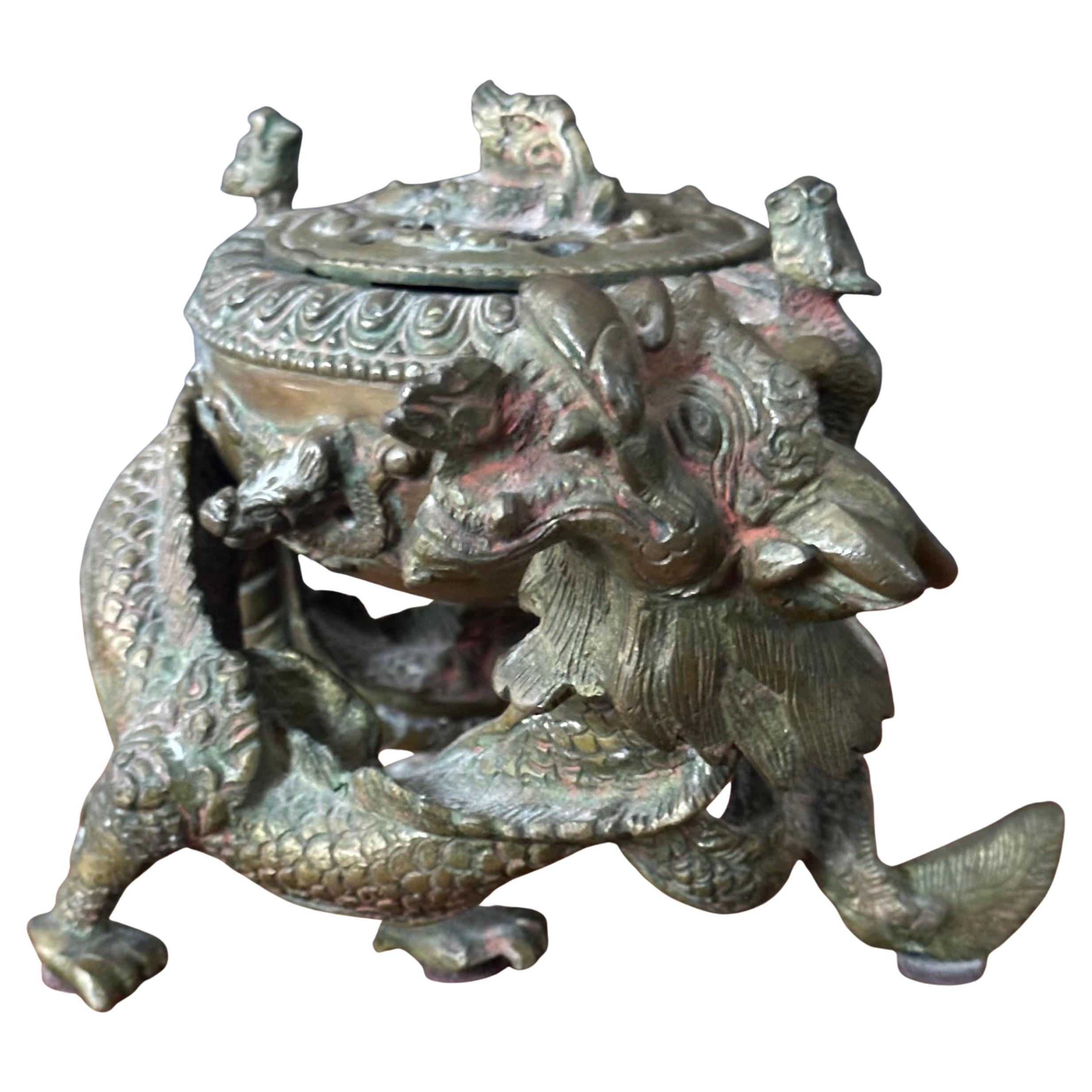 Mid-Century Modern Encensoir / brûleur d'encens chinois en bronze trois pièces Dragon / Chien Foo en vente