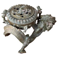 Vintage Chinese Bronze Three Piece Dragon / Foo Dog Incense Burner / Censer