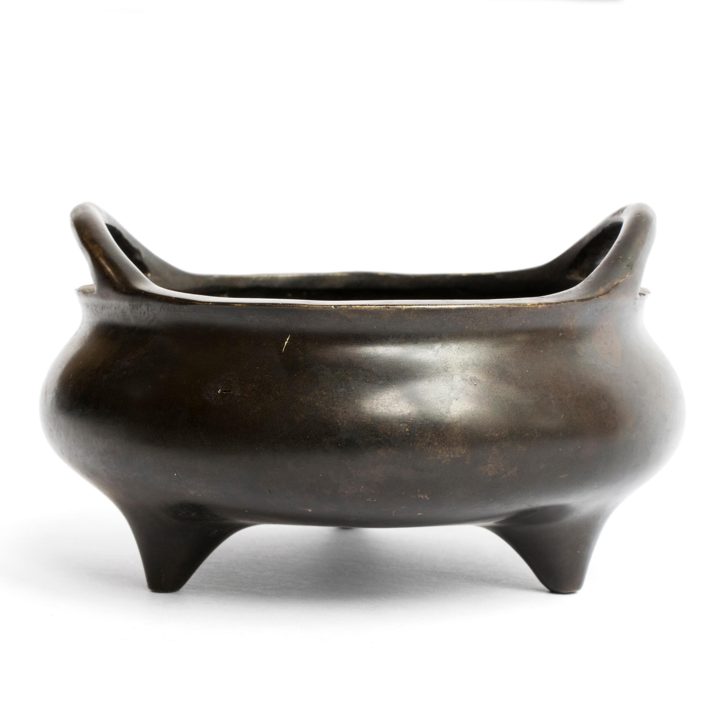 20th Century Chinese Bronze Tripod Censer with Strap Handles, c. 1900 For Sale