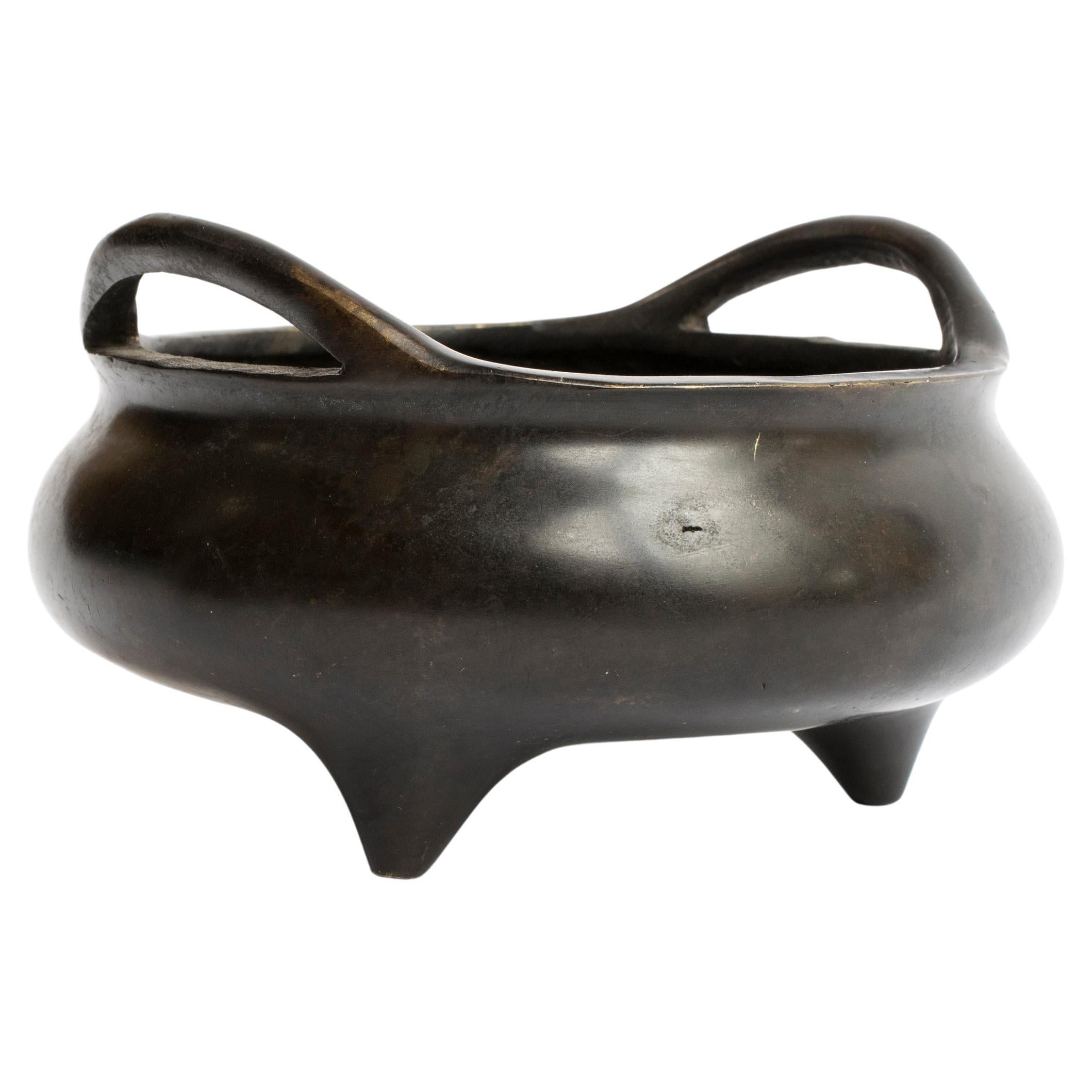 Chinese Bronze Tripod Censer with Strap Handles, c. 1900 For Sale