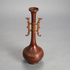 Chinese Bronze Vase with Enameled Floral Design & Dragon Handles 20thC
