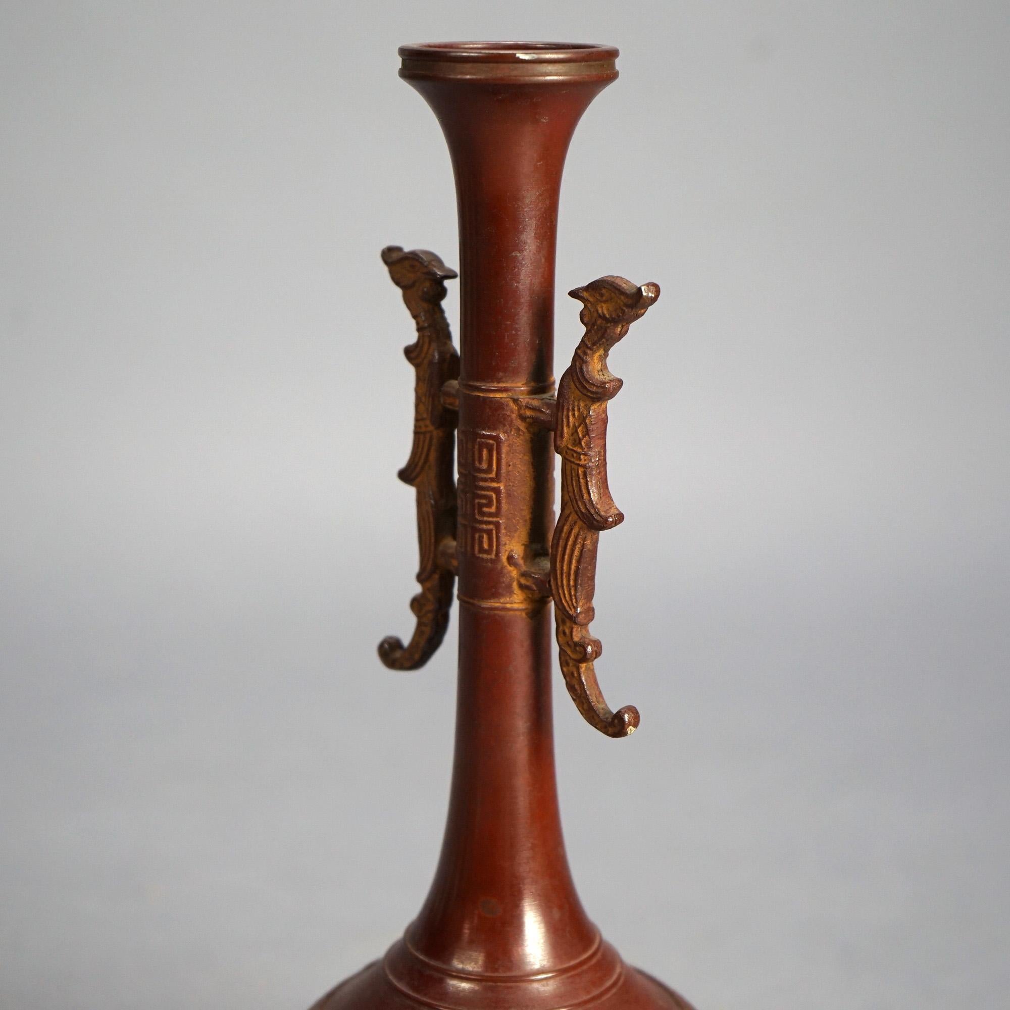 Asian Chinese Bronze Vase with Enameled Floral Design & Dragon Handles 20thC For Sale