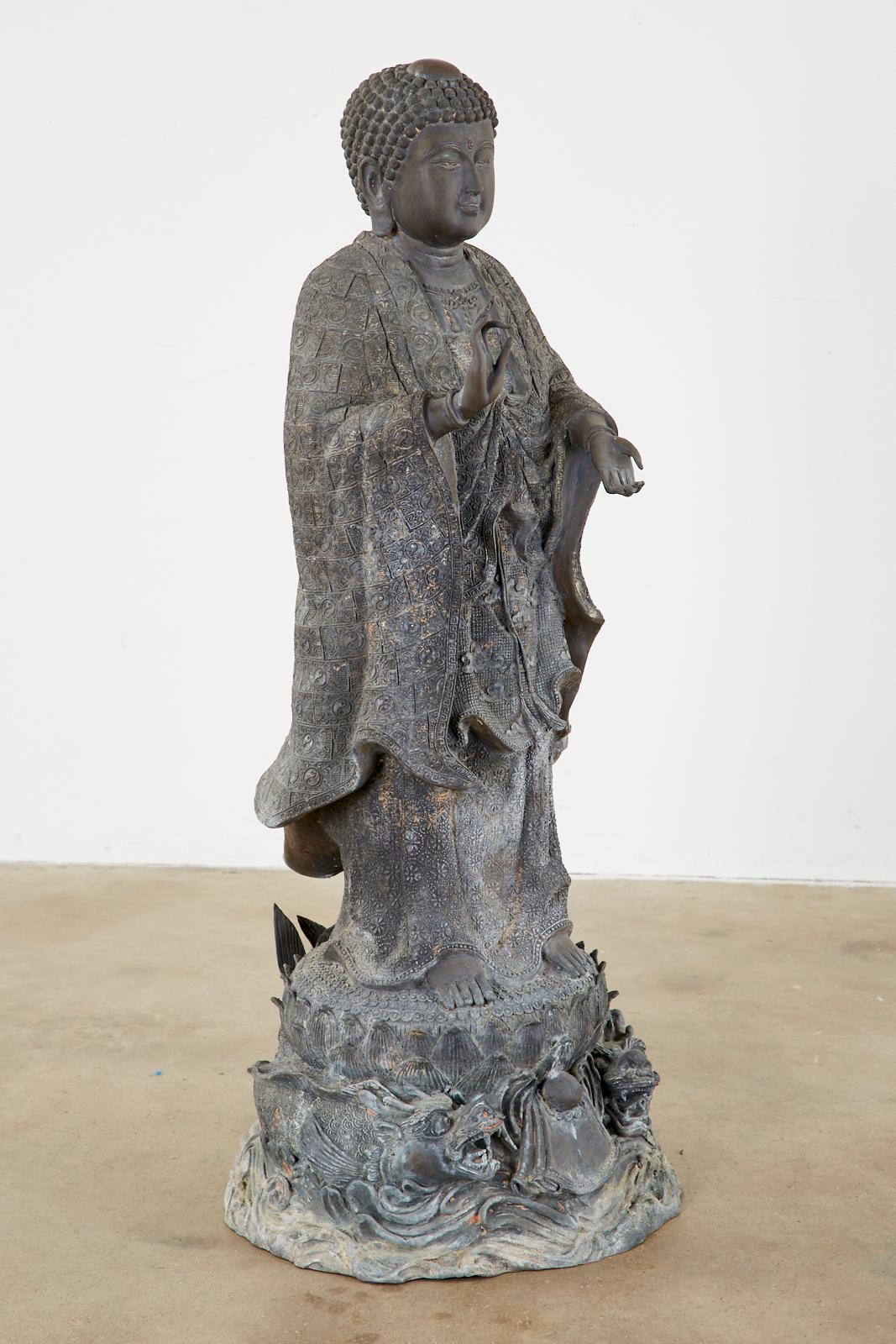 Chinese Export Chinese Style Bronzed Metal Standing Buddha with Verdigris Patina