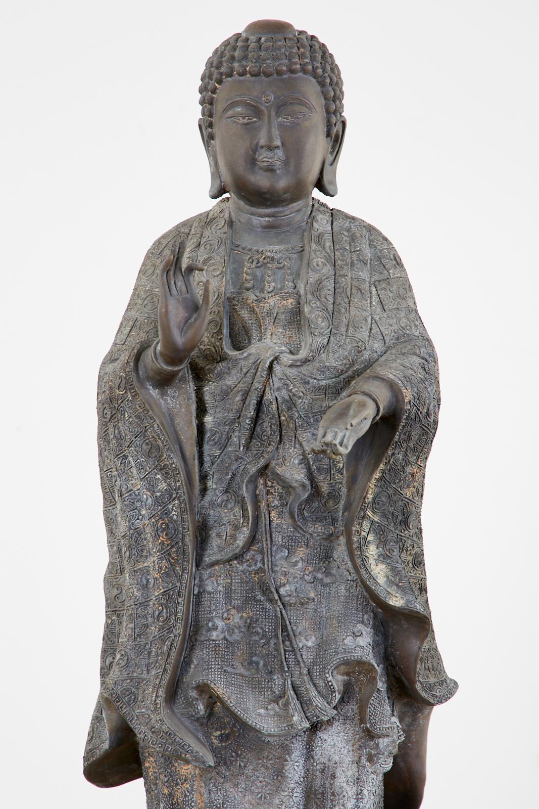 Chinese Style Bronzed Metal Standing Buddha with Verdigris Patina In Distressed Condition In Rio Vista, CA