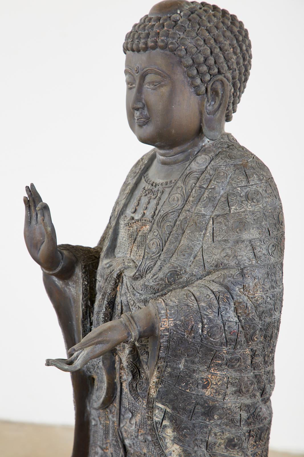 Zinc Chinese Style Bronzed Metal Standing Buddha with Verdigris Patina