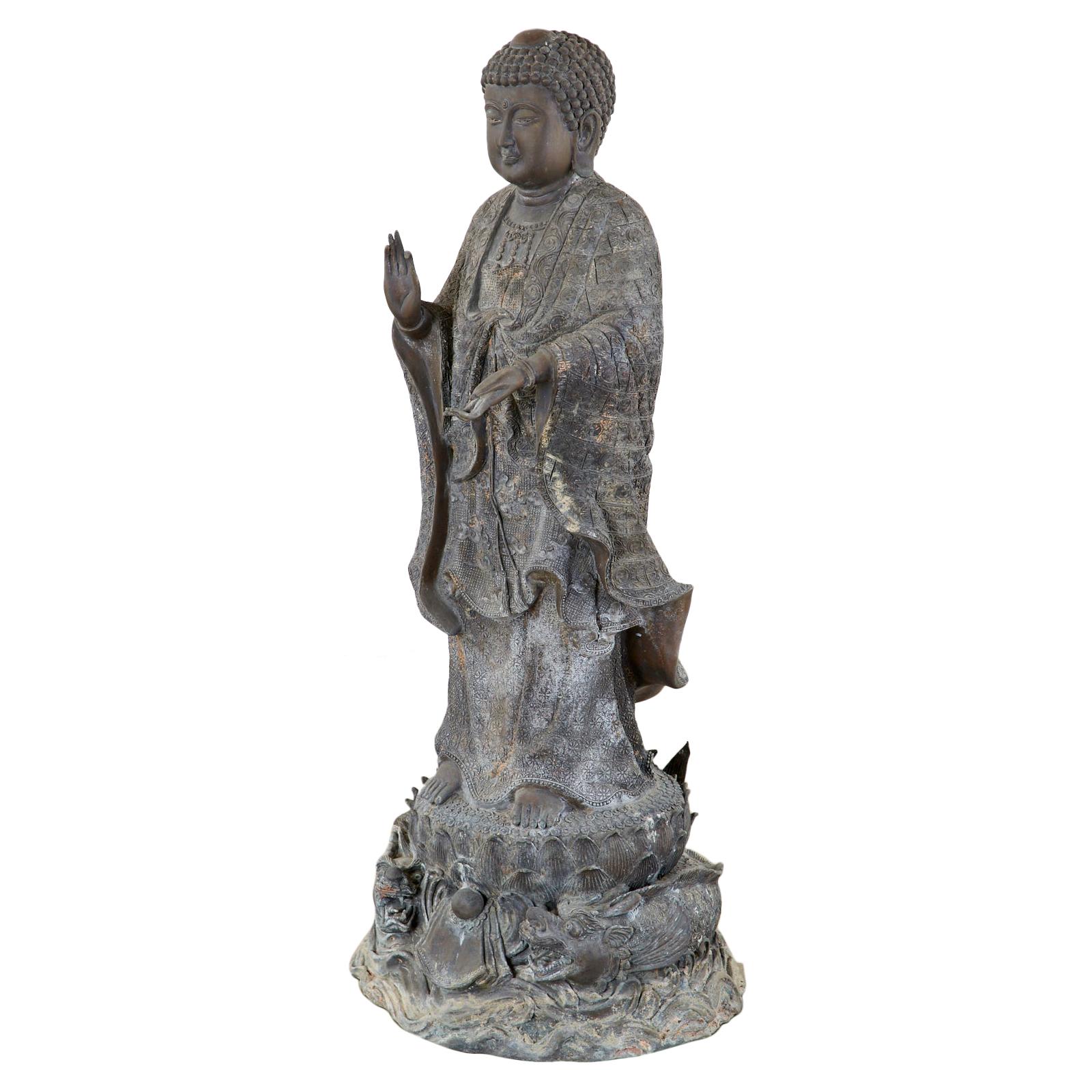 Chinese Style Bronzed Metal Standing Buddha with Verdigris Patina