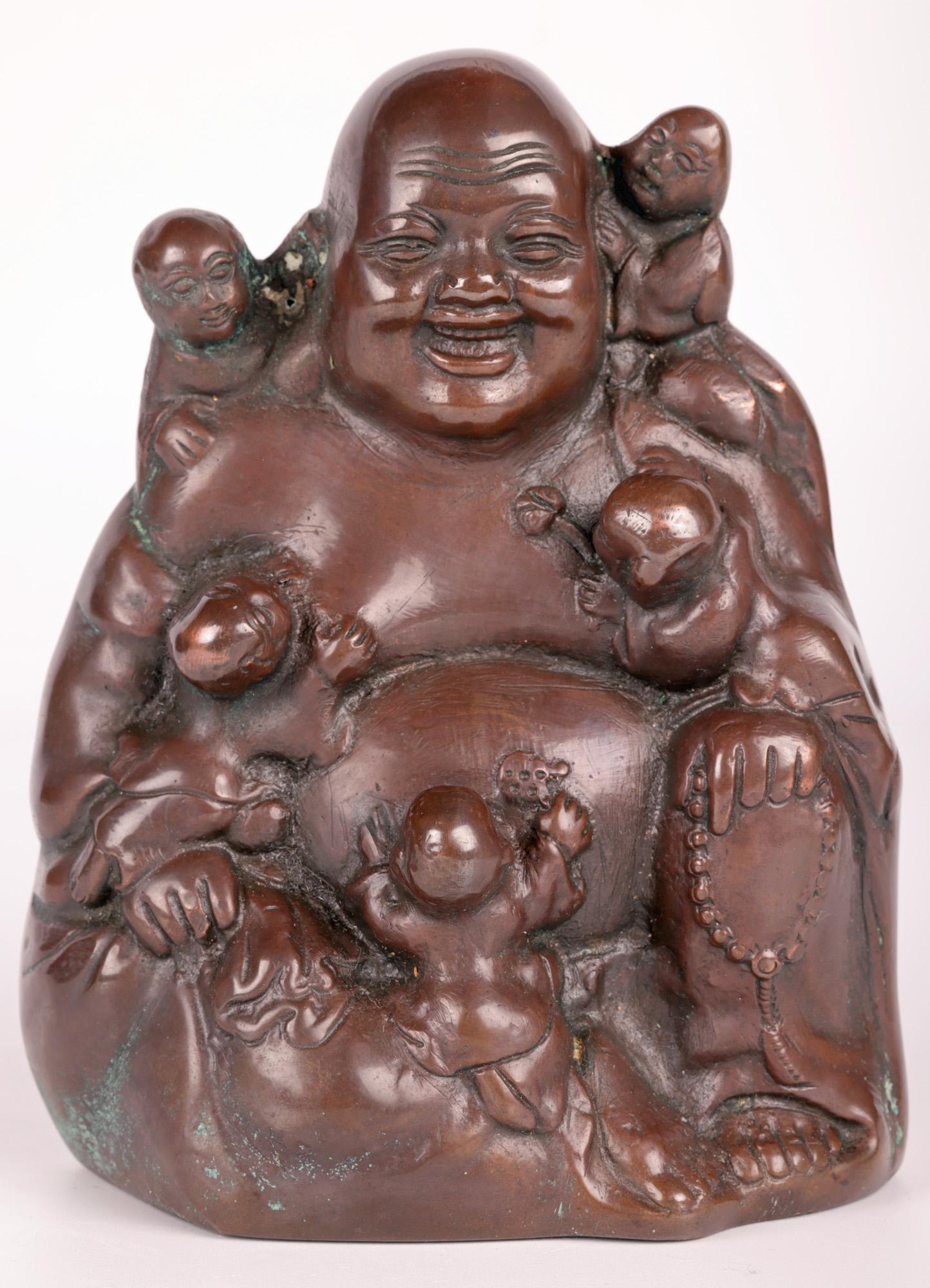 Copper Chinese Bronzed Seated Buddha with Boys For Sale