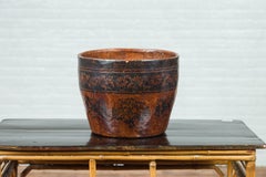 Chinese Brown and Black Papier-Mâché Basket with Floral Frieze and Bird Motifs