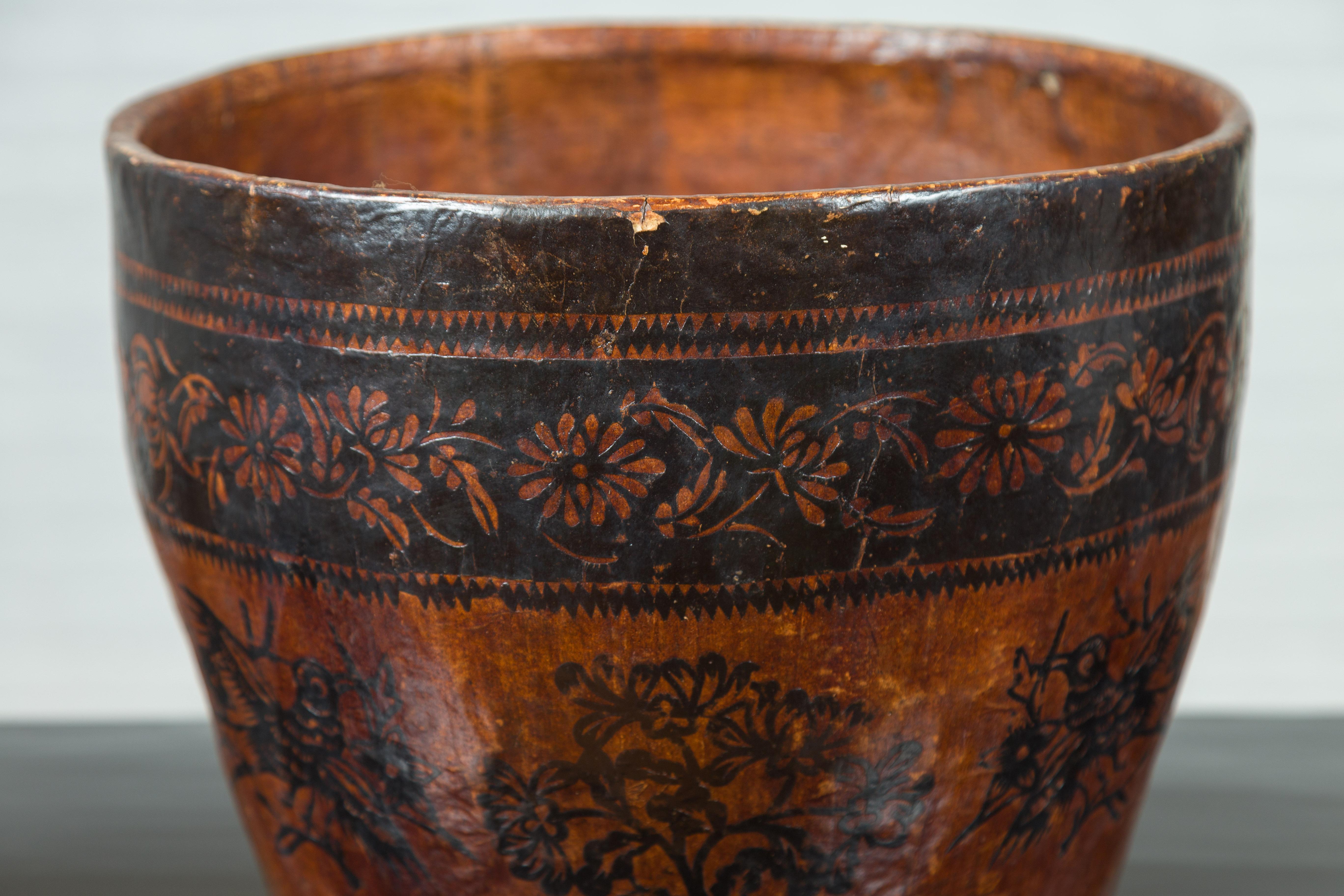 Lacquered Chinese Brown and Black Papier-Mâché Basket with Floral Frieze and Bird Motifs