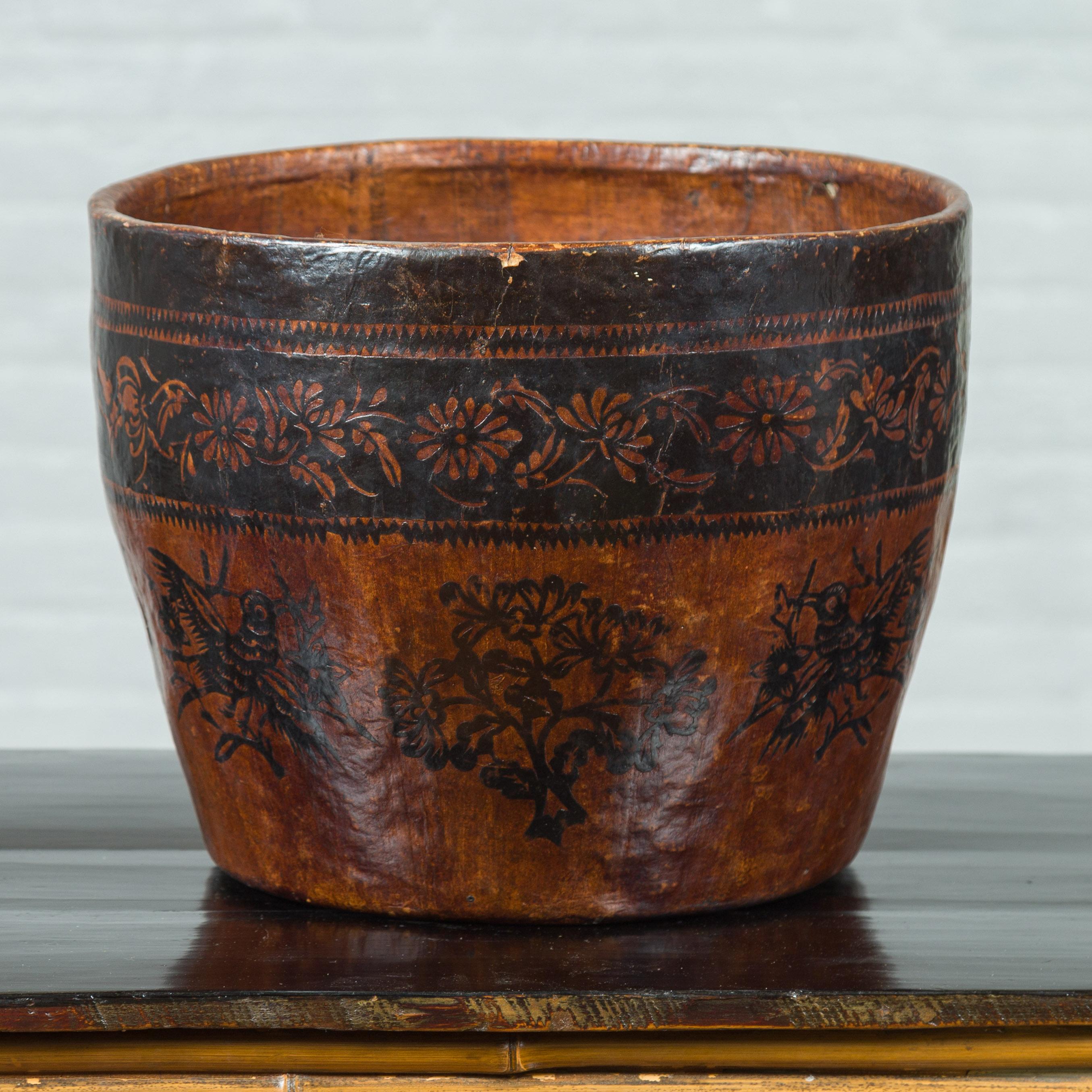 20th Century Chinese Brown and Black Papier-Mâché Basket with Floral Frieze and Bird Motifs