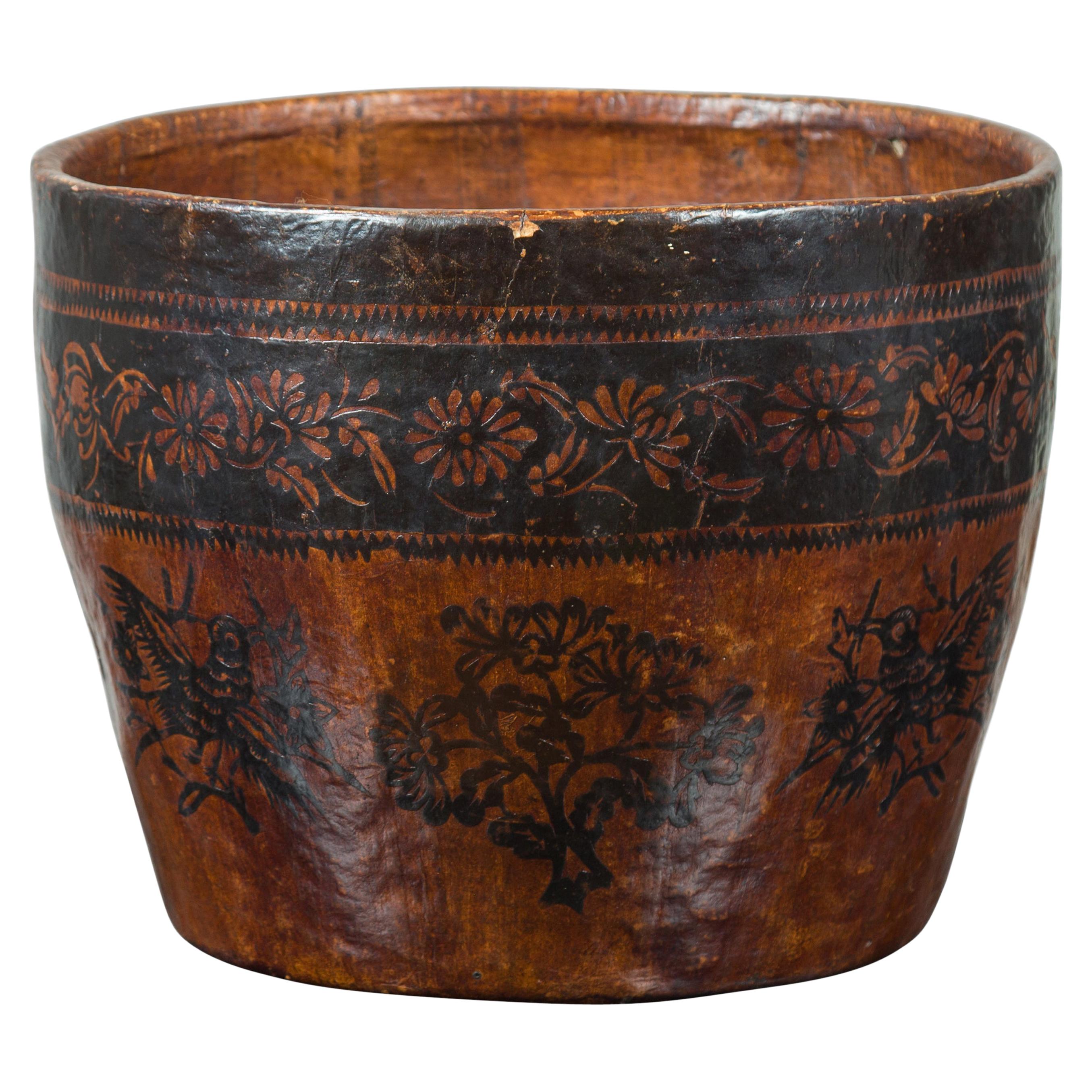 Chinese Brown and Black Papier-Mâché Basket with Floral Frieze and Bird Motifs