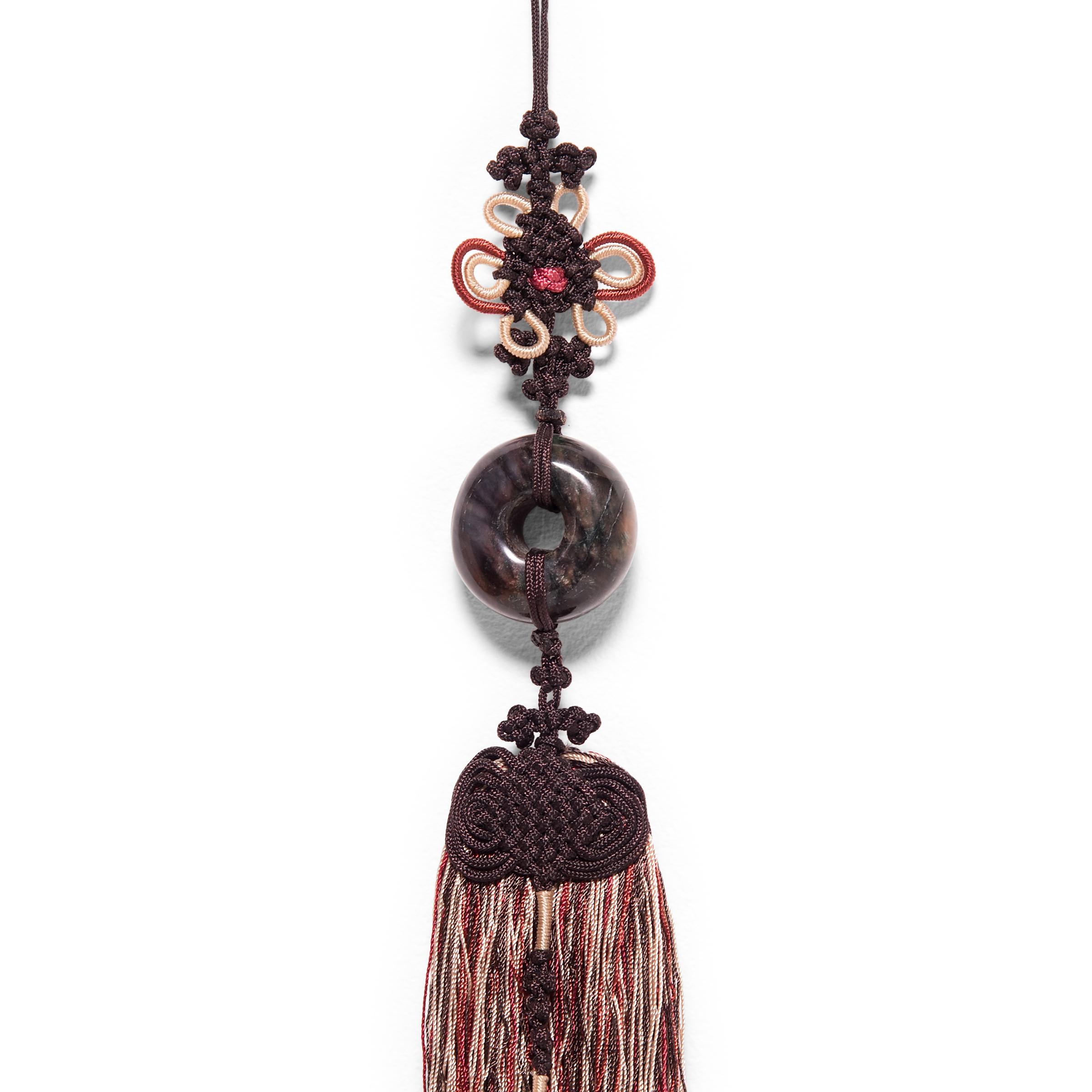 Chinese Brown Silk Tassel with Dark Jade Ring In Good Condition In Chicago, IL