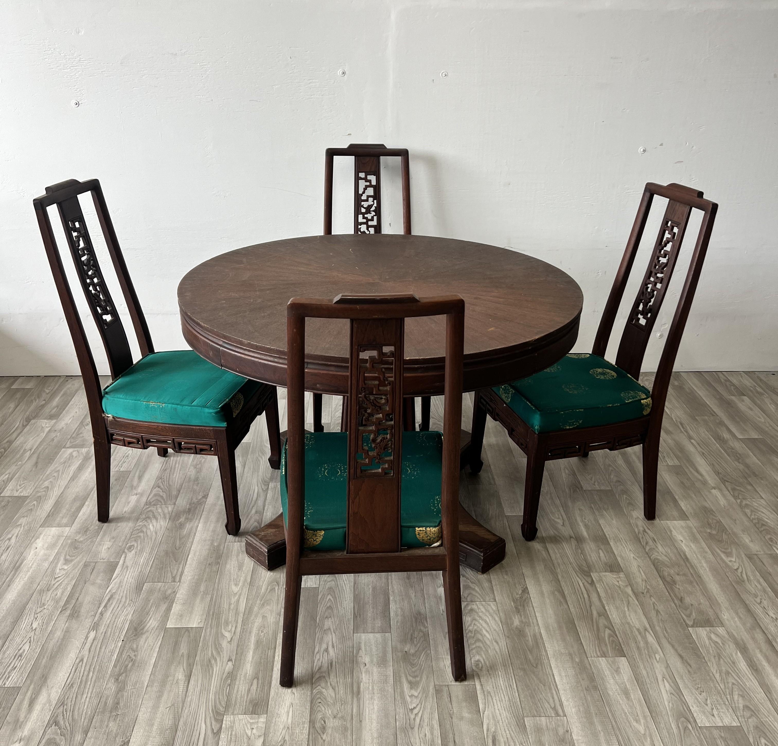 This set comes with the table and four chairs.
Needs minor restoration
Beautiful Chinese designs

The back panel of the chairs features a stunning ancient dragon motif, meticulously carved into the rich brown wood with teal golden leaf pattern