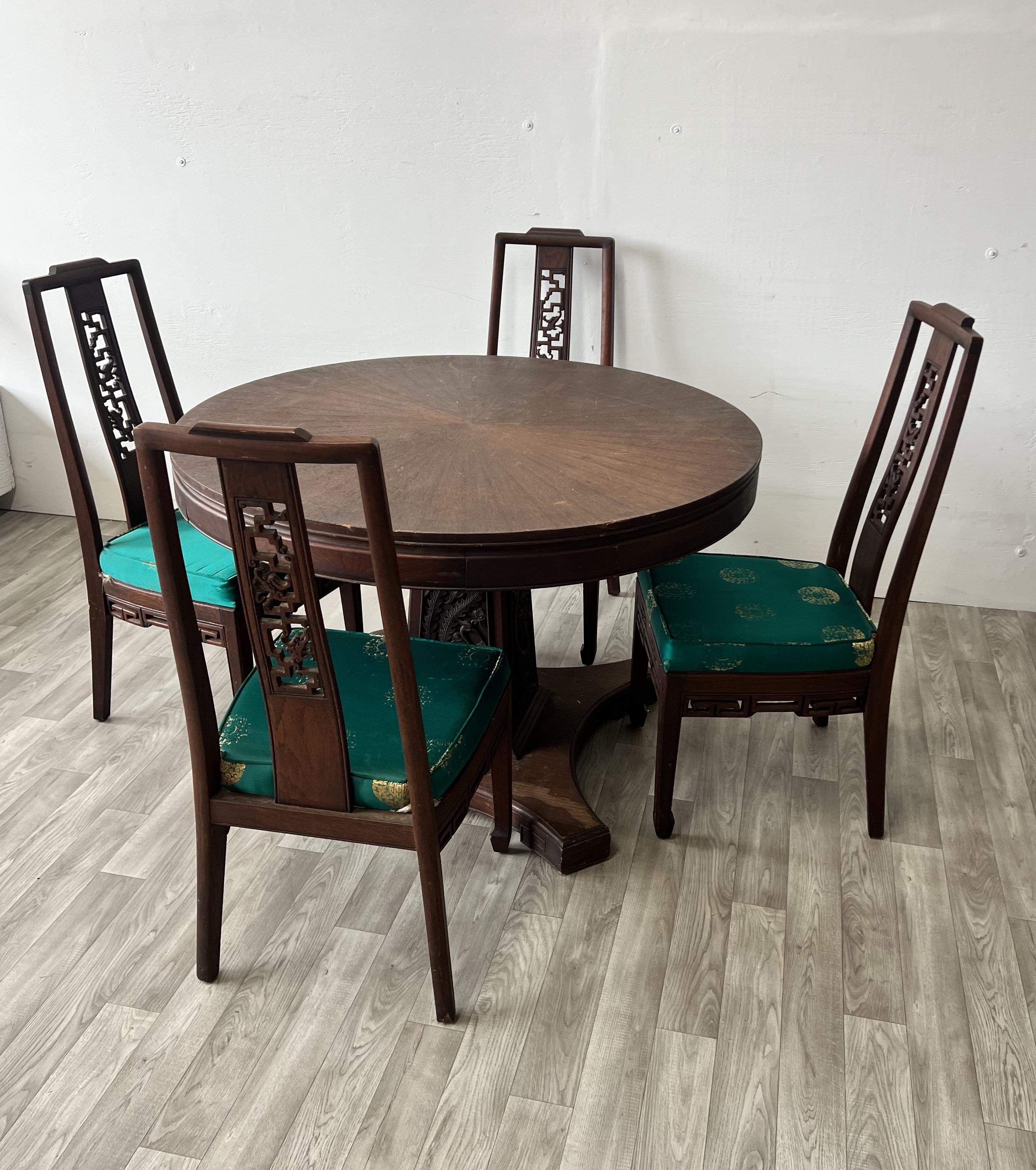 Chinese Brown Wood Ancient Dragon Motif Back Panel Dining Chairs and Table In Fair Condition For Sale In Red Lion, PA
