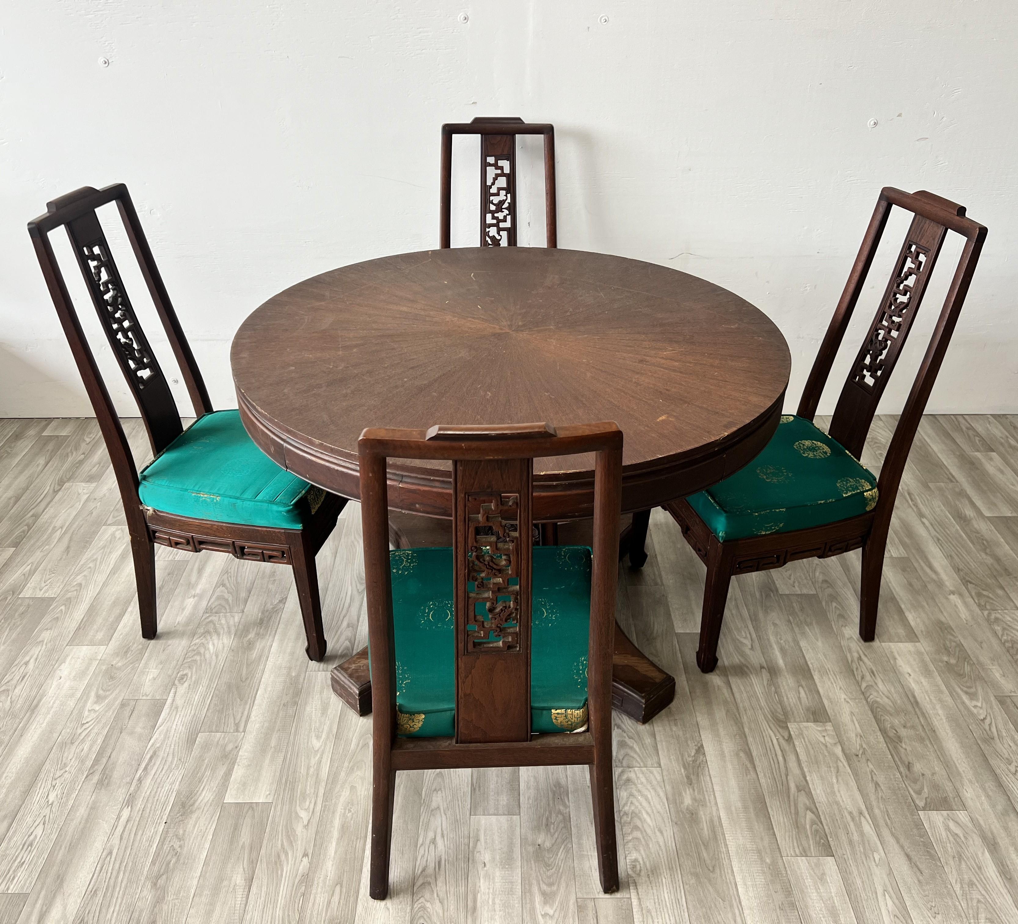 Contemporary Chinese Brown Wood Ancient Dragon Motif Back Panel Dining Chairs and Table For Sale