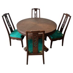 Chinese Brown Wood Ancient Dragon Motif Back Panel Dining Chairs and Table