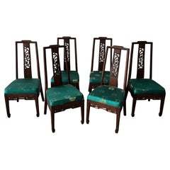 Chinese Brown Wood Ancient Dragon Motif Back Panel Dining Chairs Set of 6