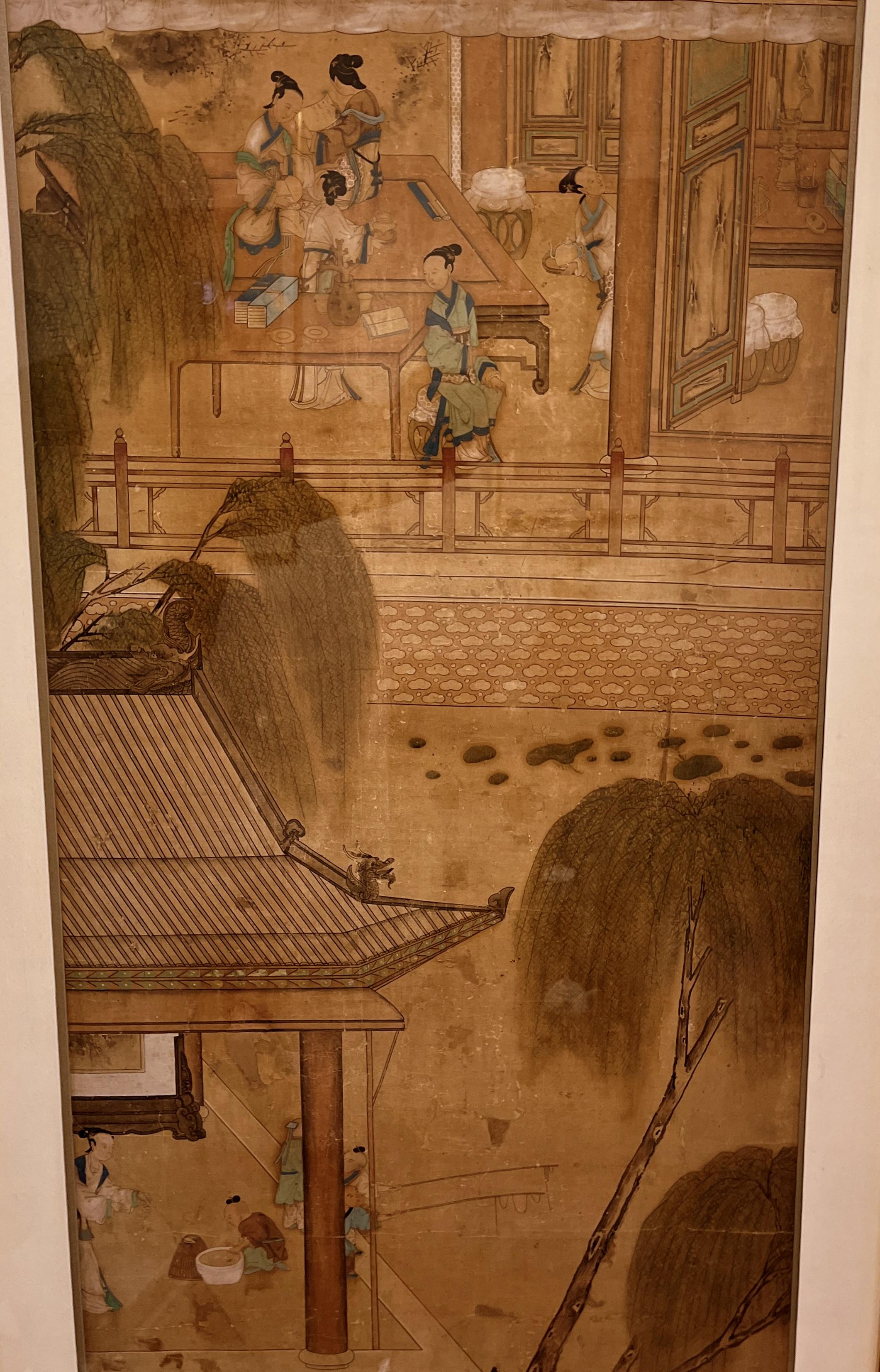 Silk Chinese brush painting of women and children at leisure in the garden For Sale