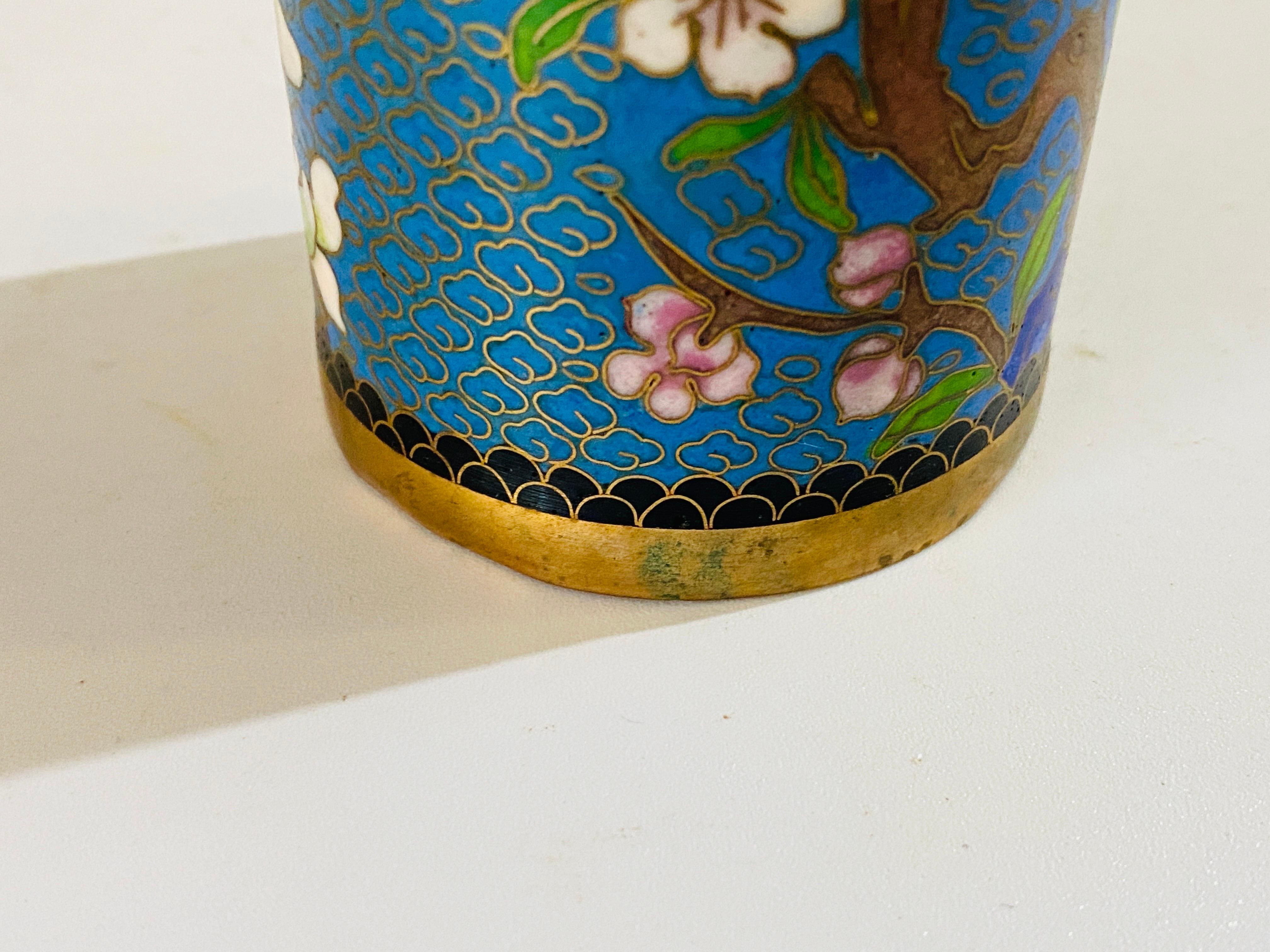 Chinoiserie Chinese Brush Pen Holder Blue Color Cloisoné 20th Century For Sale