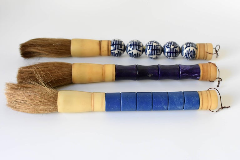 Chinese Brush, 3 Calligraphy Brushes, Stone and Porcelain ...