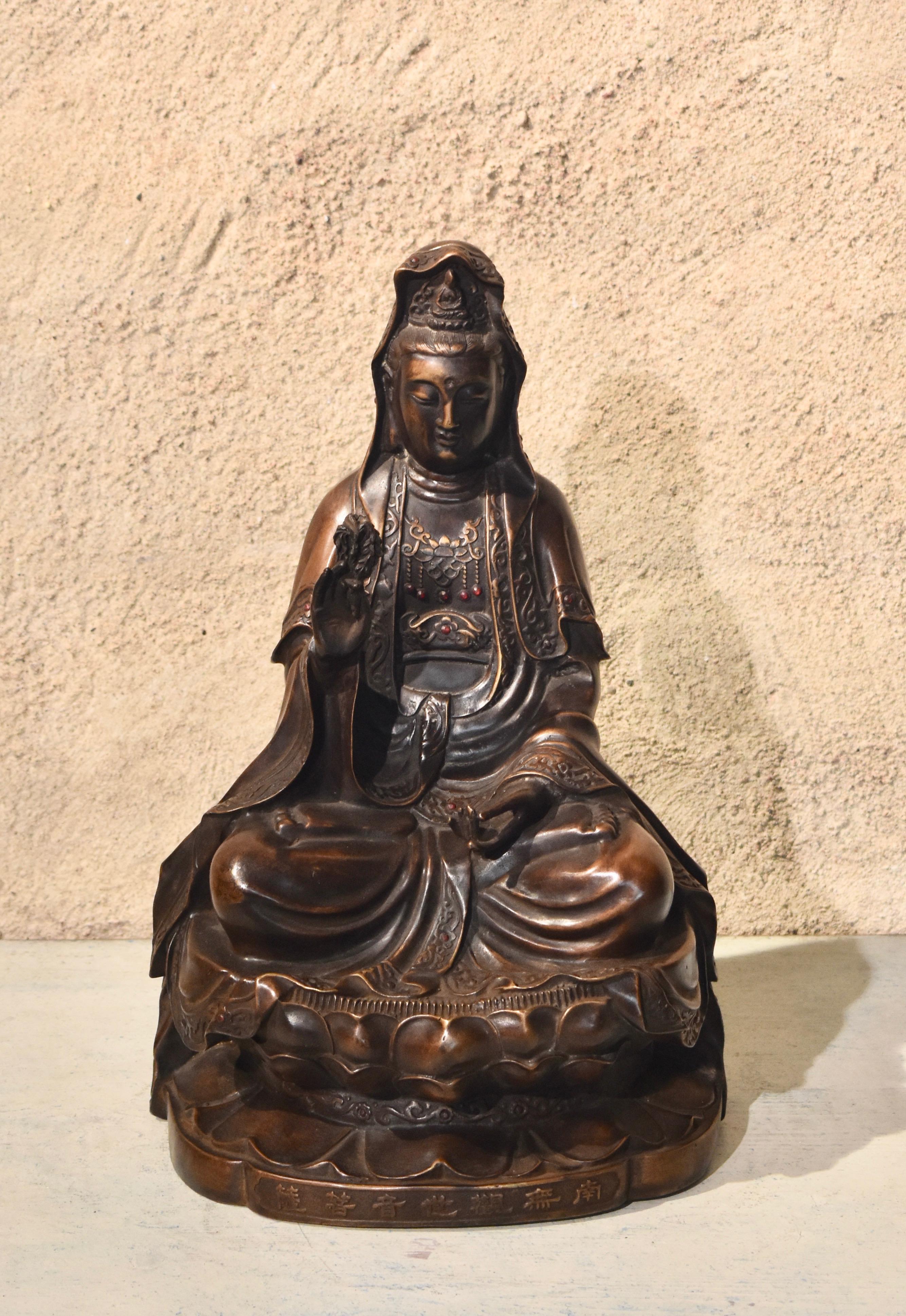 Chinese 19th century Buddha sculpture in bronze with red stones and inscription.
Untouched condition original patina
Dates circa mid-late 1800s

 