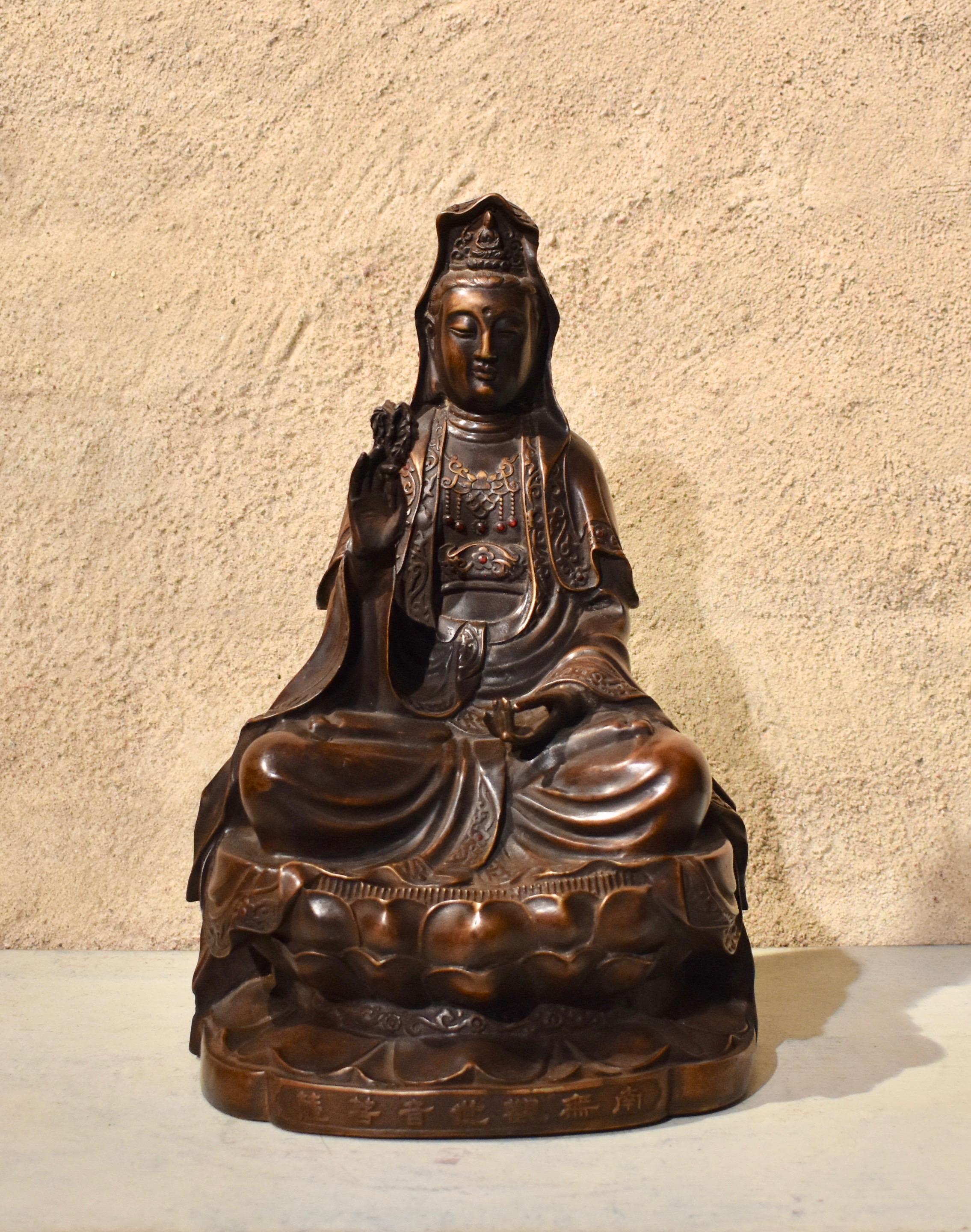 Other Chinese Buddha Sculpture in Bronze with Red Stones and Inscription For Sale