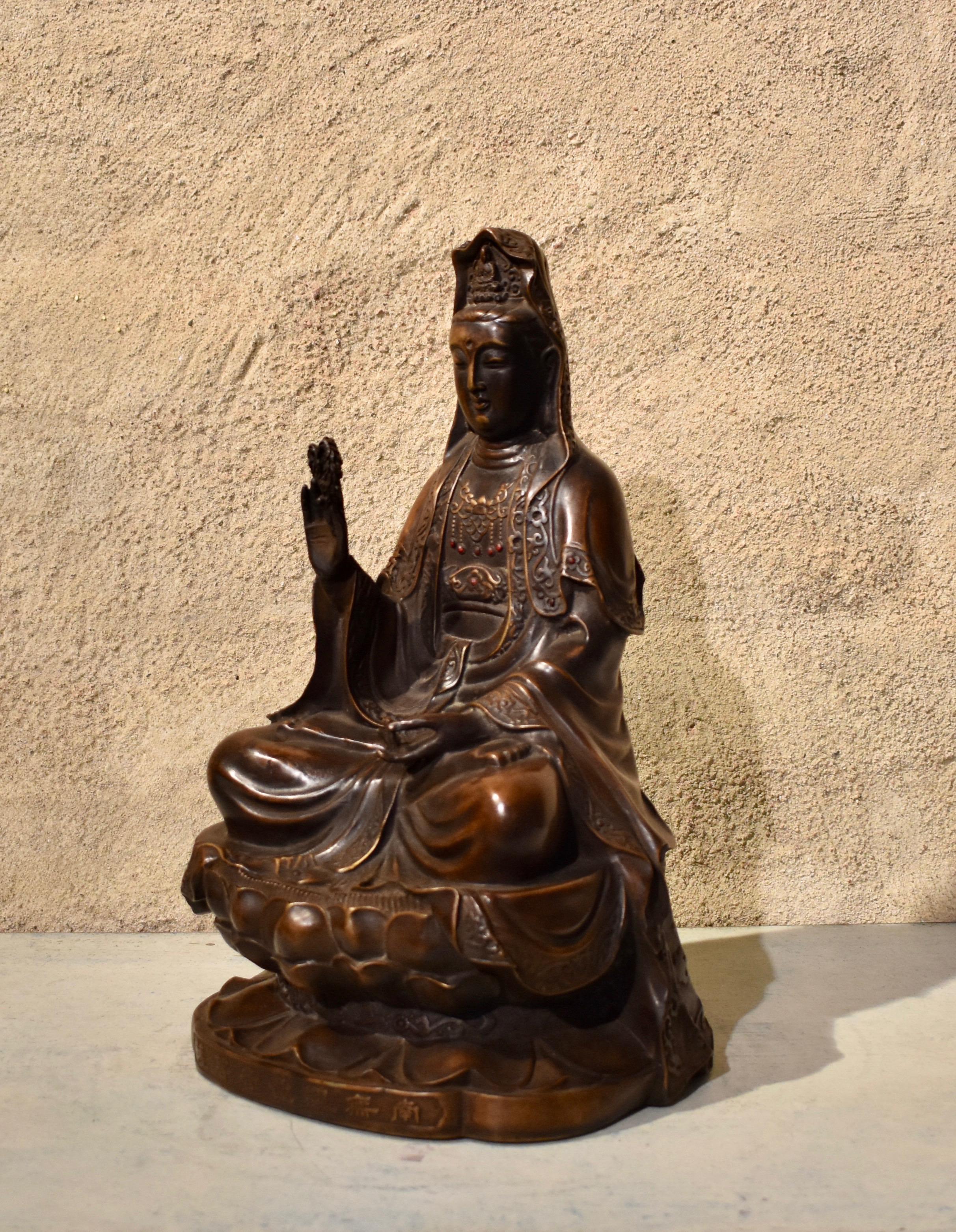 Molded Chinese Buddha Sculpture in Bronze with Red Stones and Inscription For Sale