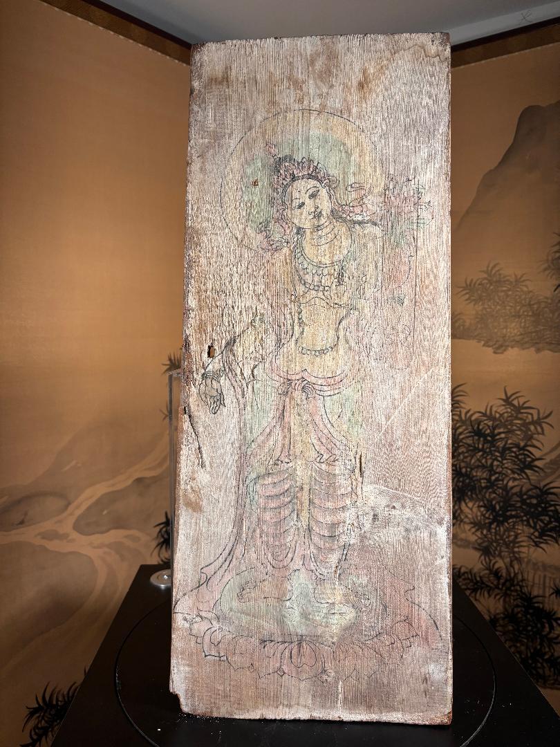 Hand-Painted Chinese Buddhist Tang Bodhisattva Hand Painted Old Wood Plaque