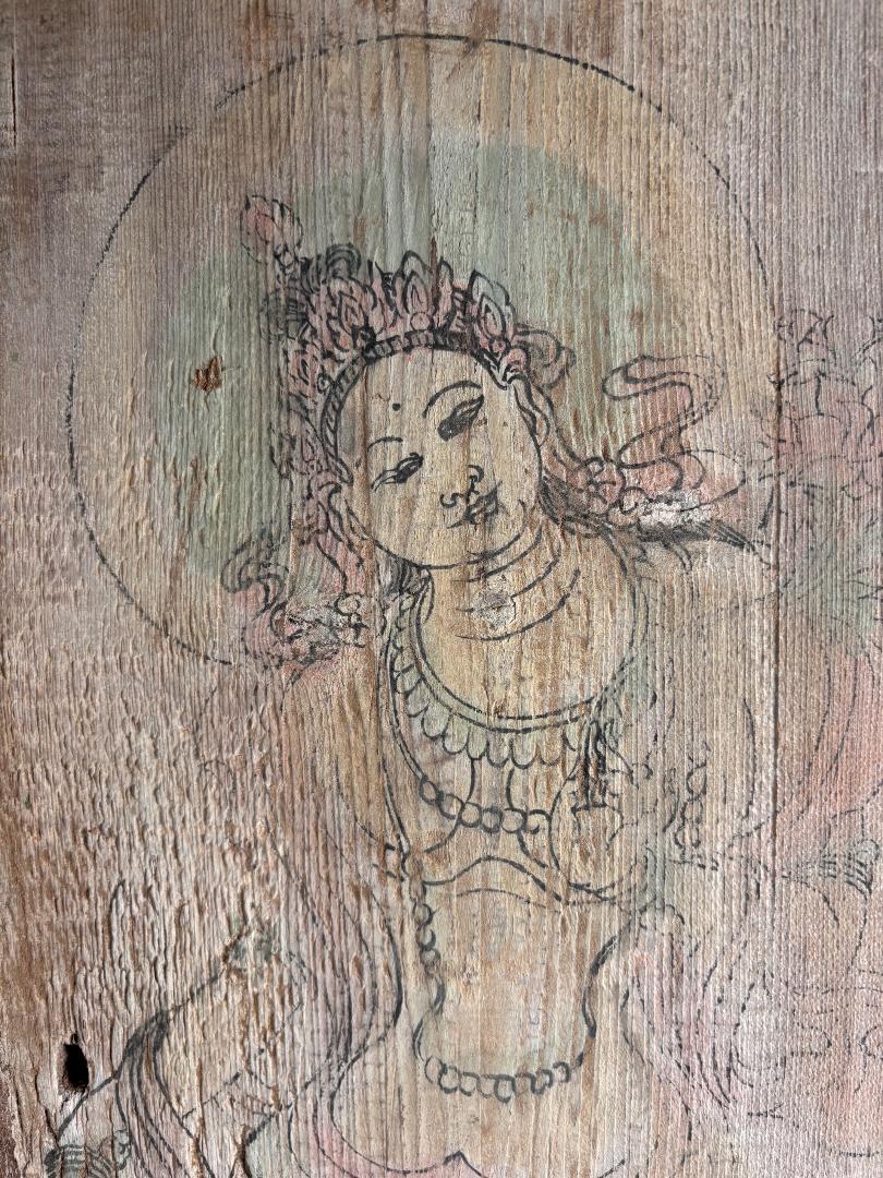 20th Century Chinese Buddhist Tang Bodhisattva Hand Painted Old Wood Plaque