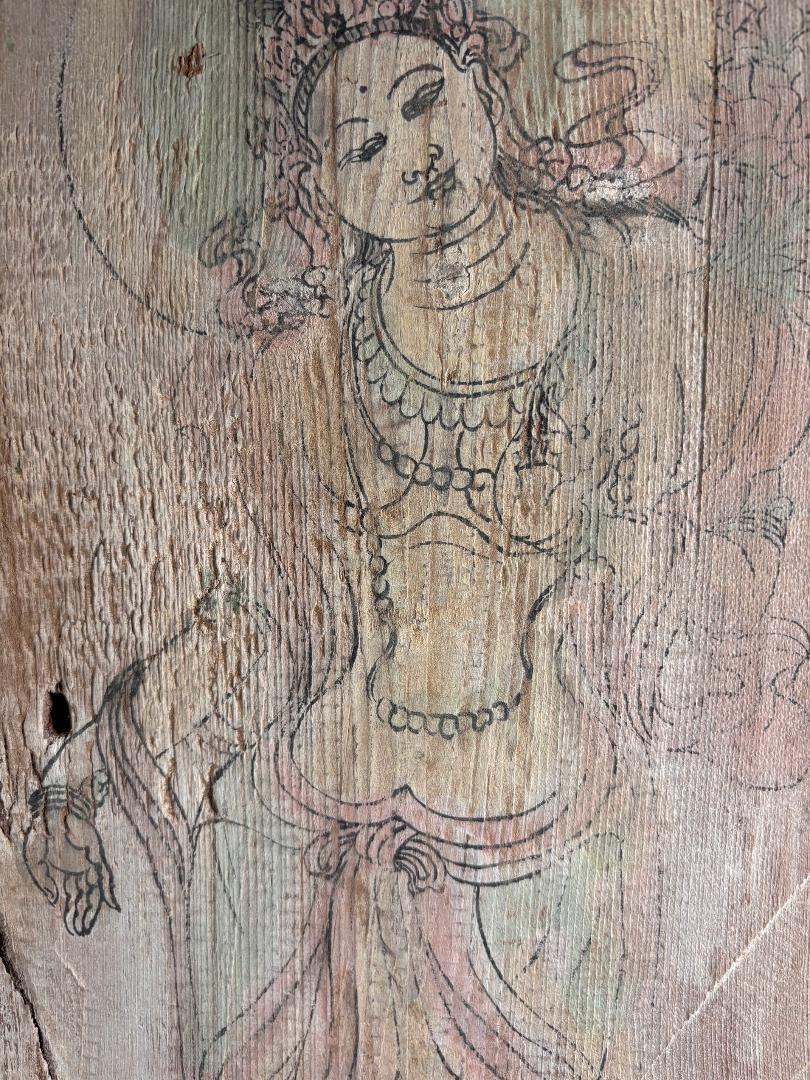 Chinese Buddhist Tang Bodhisattva Hand Painted Old Wood Plaque 1