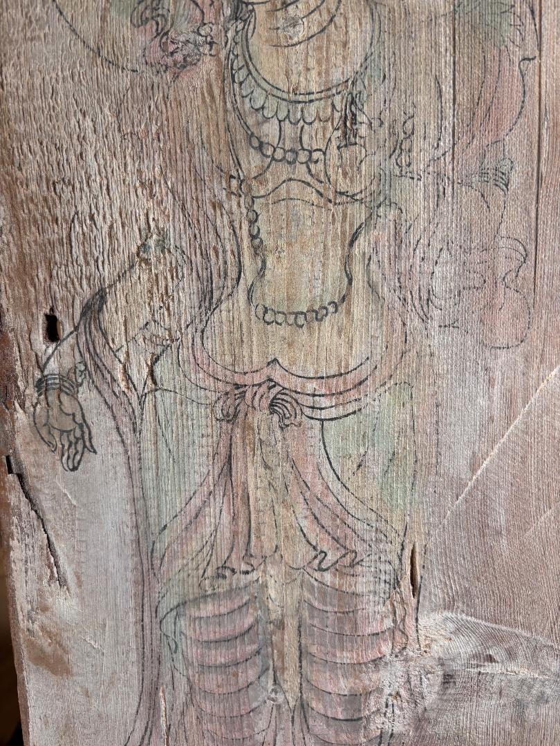 Chinese Buddhist Tang Bodhisattva Hand Painted Old Wood Plaque 4
