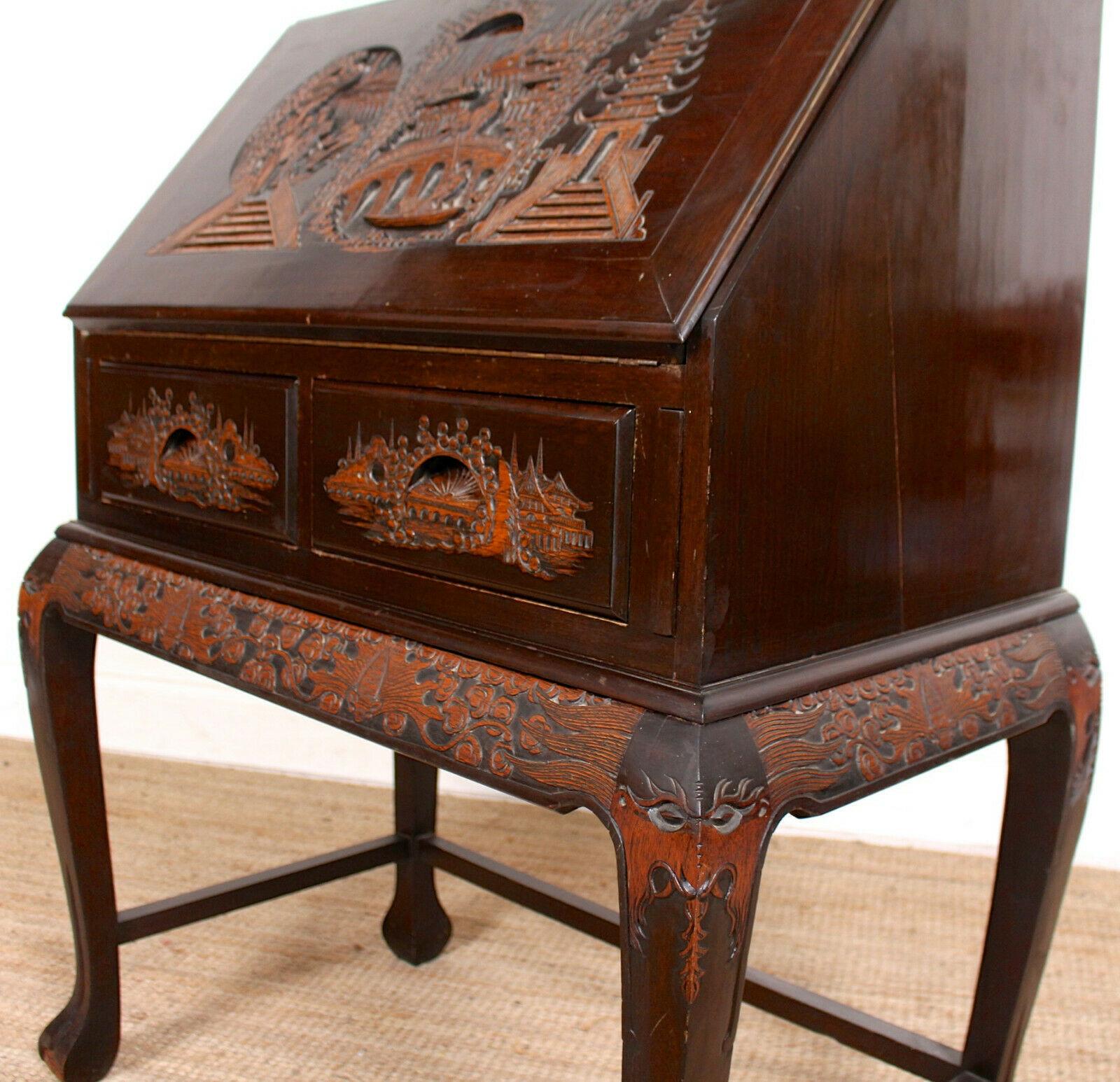 Hardwood Chinese Bureau Carved Writing Desk