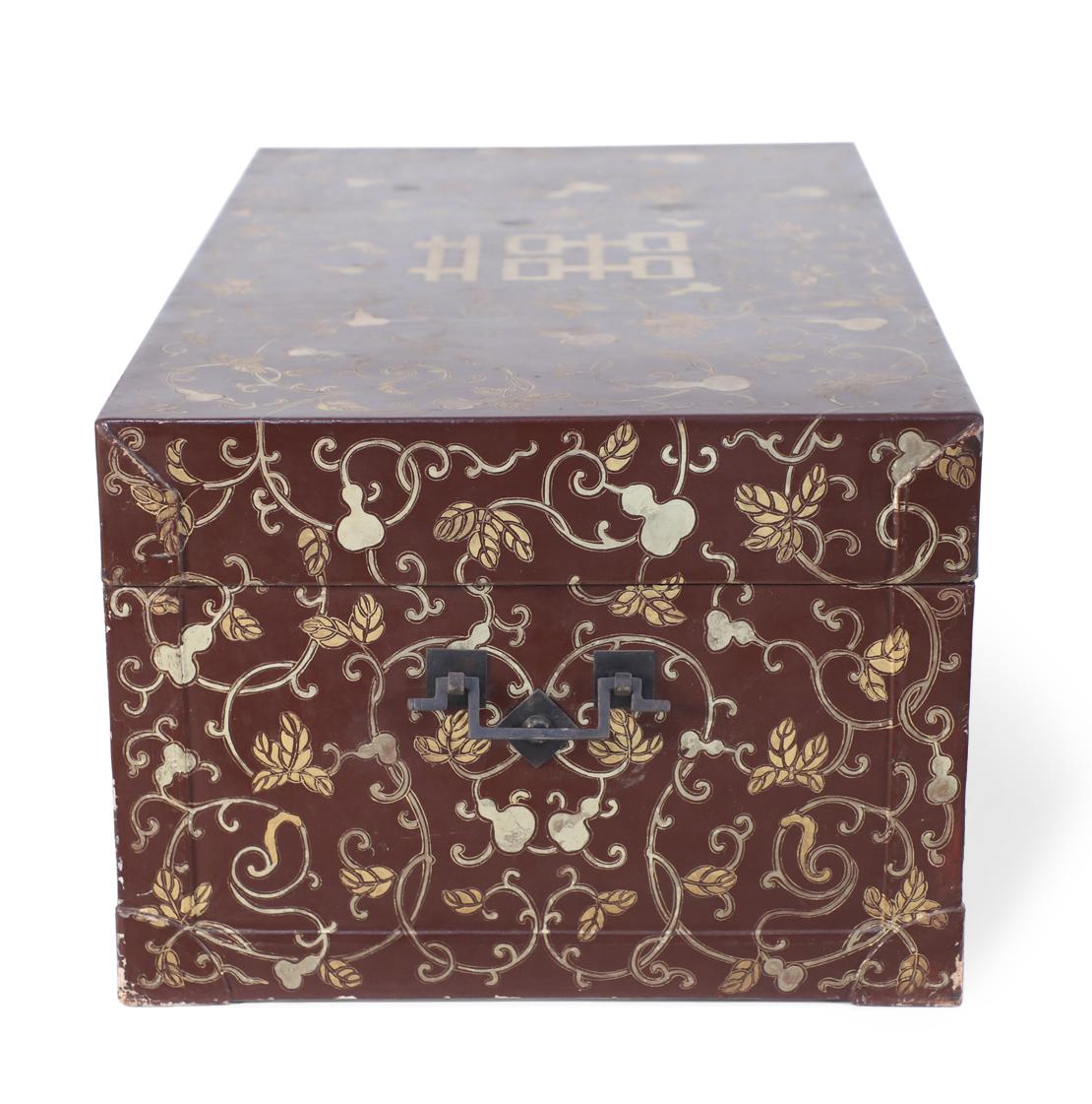 Wood Chinese Burgundy and Gold Vine Design Painted Decorative Box For Sale