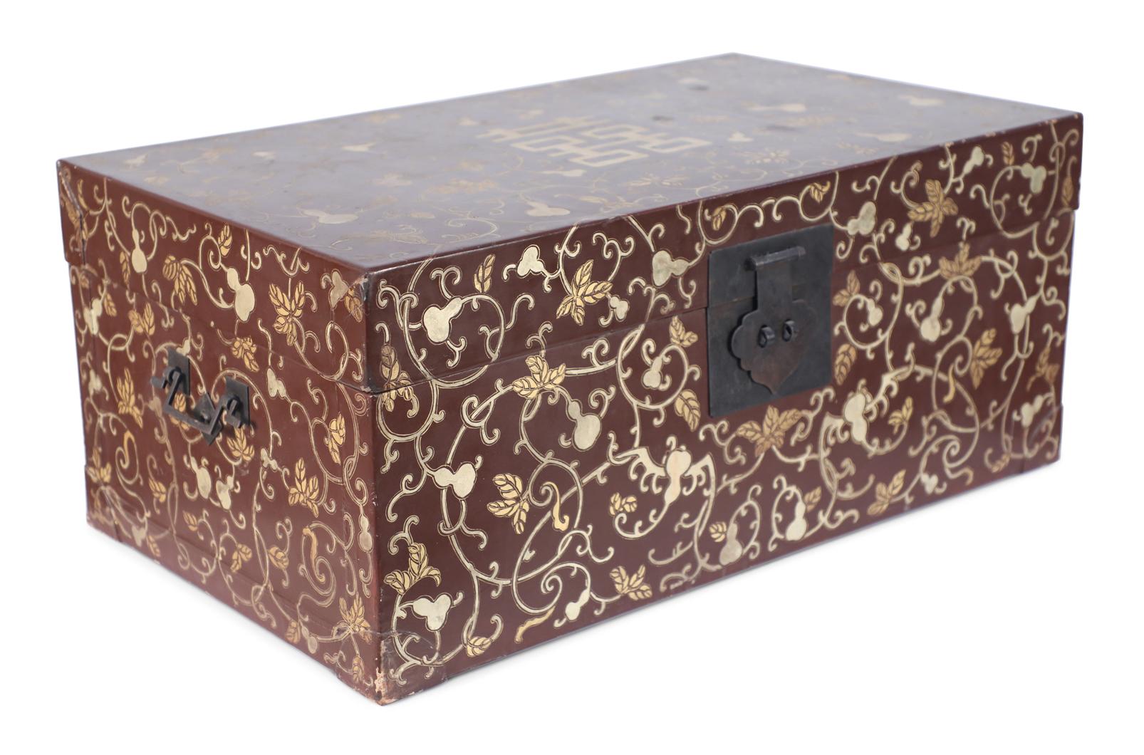 Wood Chinese Burgundy and Gold Vine Design Painted Decorative Box For Sale
