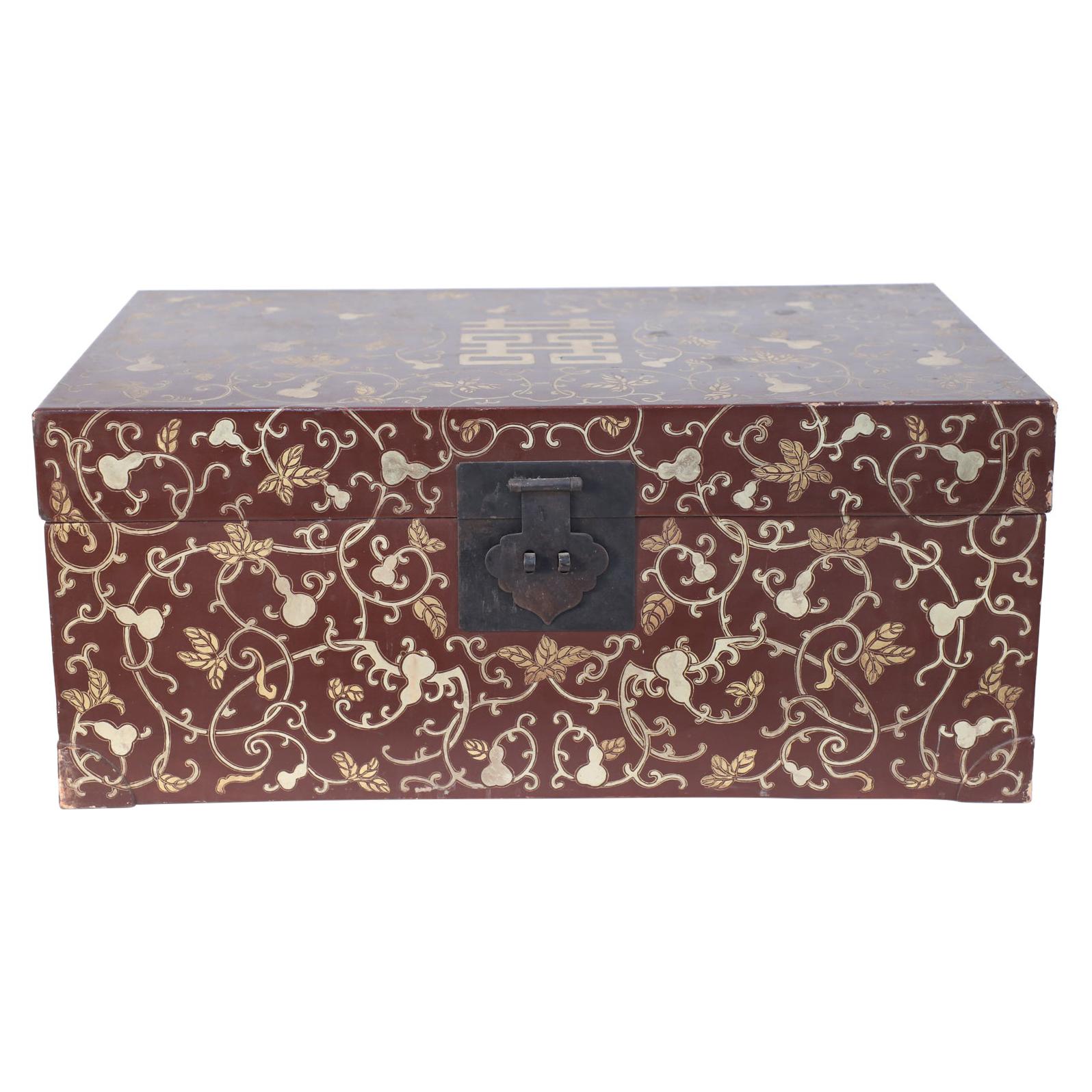 Chinese Burgundy and Gold Vine Design Painted Decorative Box