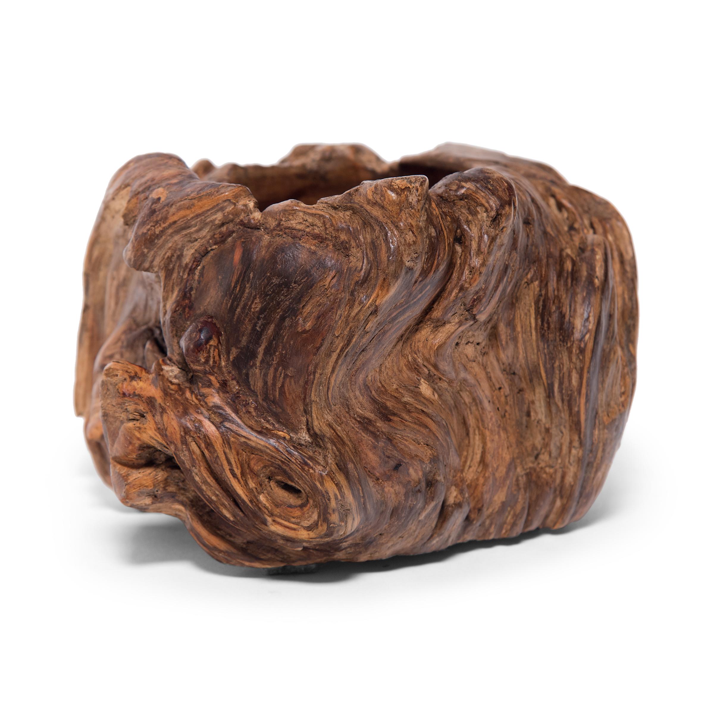 Hand carved from a cypress tree burl, this late 19th century burl wood bowl was once used by a Qing-dynasty scholar to rinse the ink from his calligraphy brush. Placed alongside the Four Treasures of the scholar - paper, brush, ink, and inkstone -