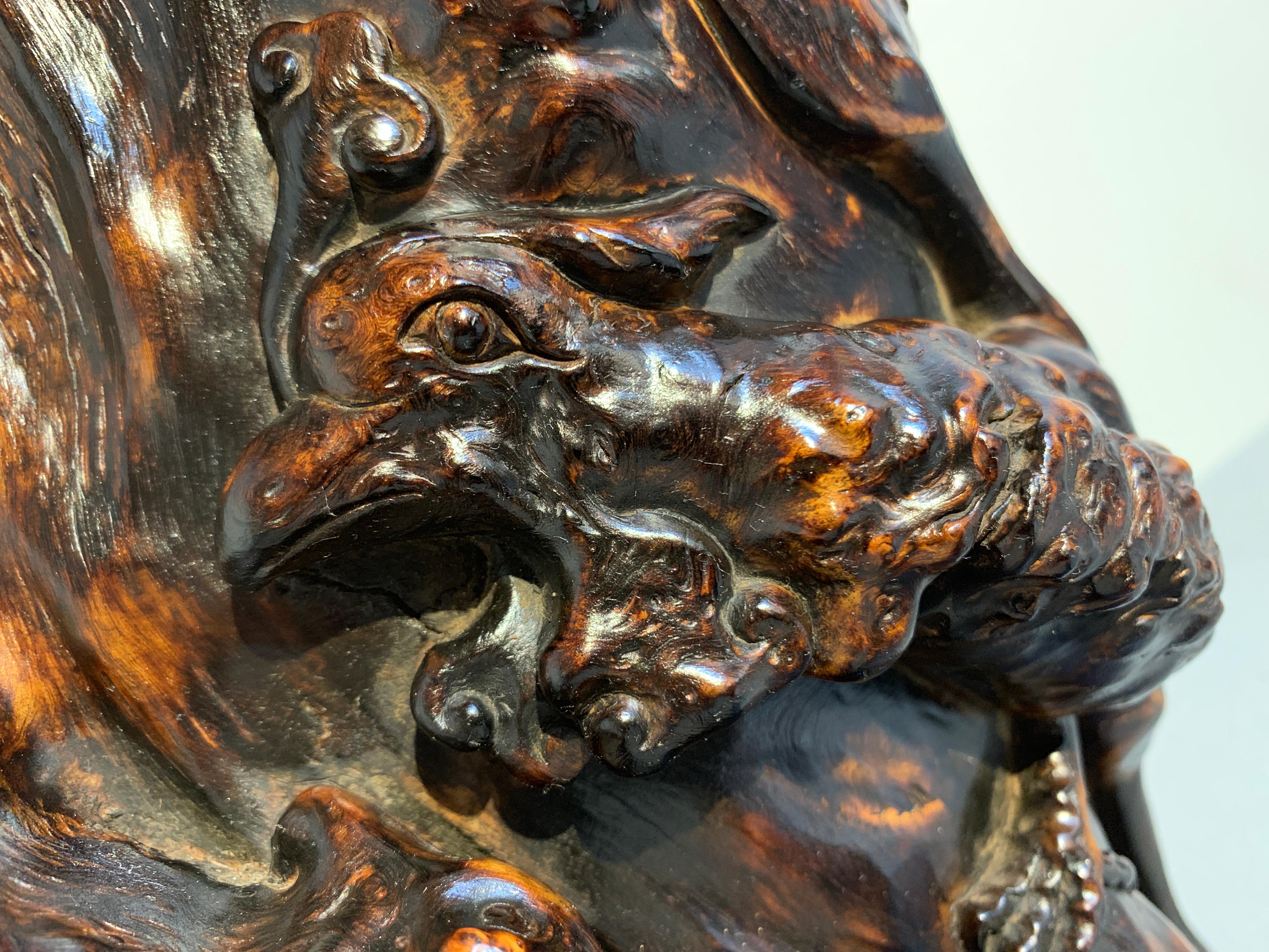 Chinese Burled Hardwood Brushpot with Dragon and Phoenix, Republic Period In Good Condition In Austin, TX