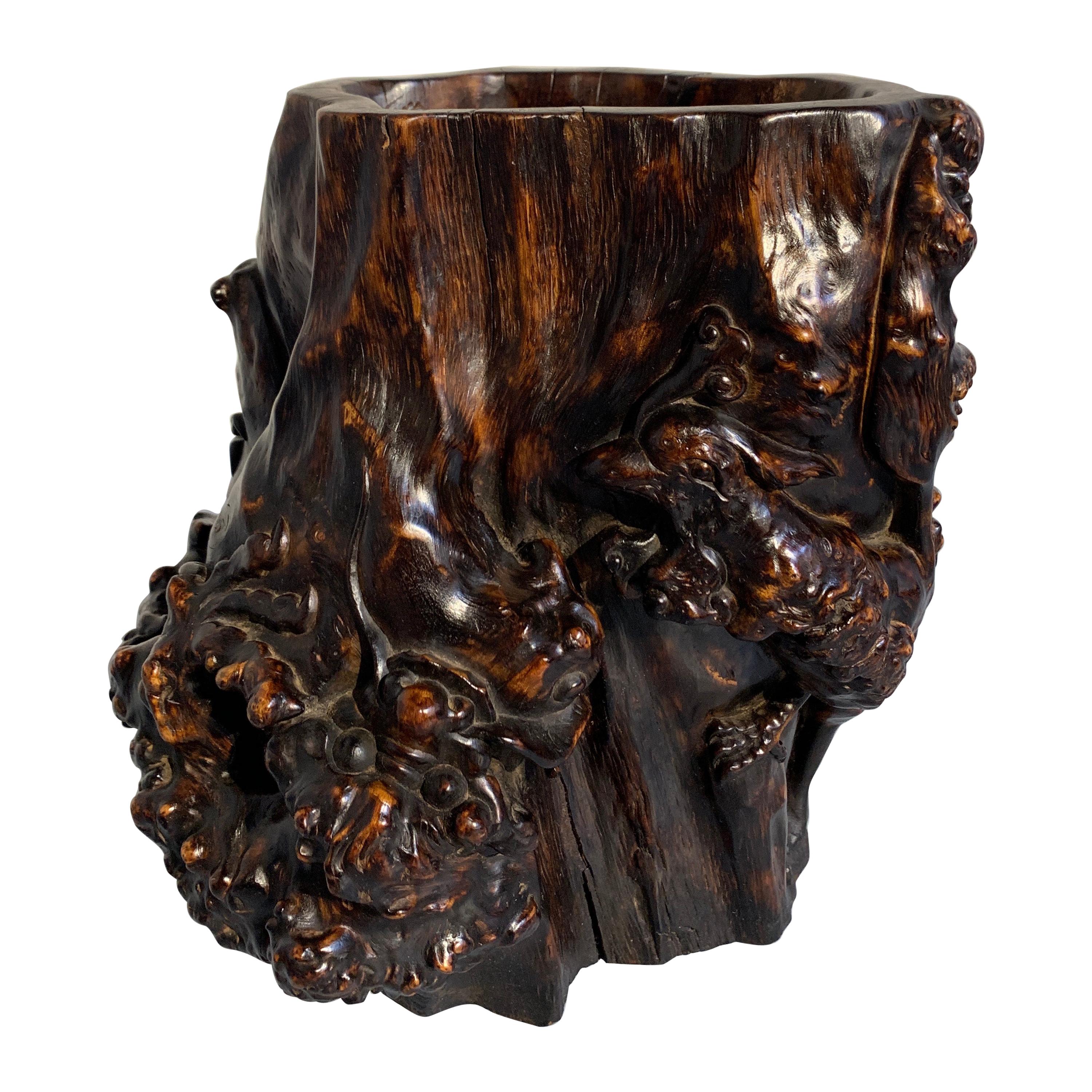 Chinese Burled Hardwood Brushpot with Dragon and Phoenix, Republic Period