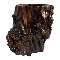 Chinese Burled Hardwood Brushpot with Dragon and Phoenix, Republic Period